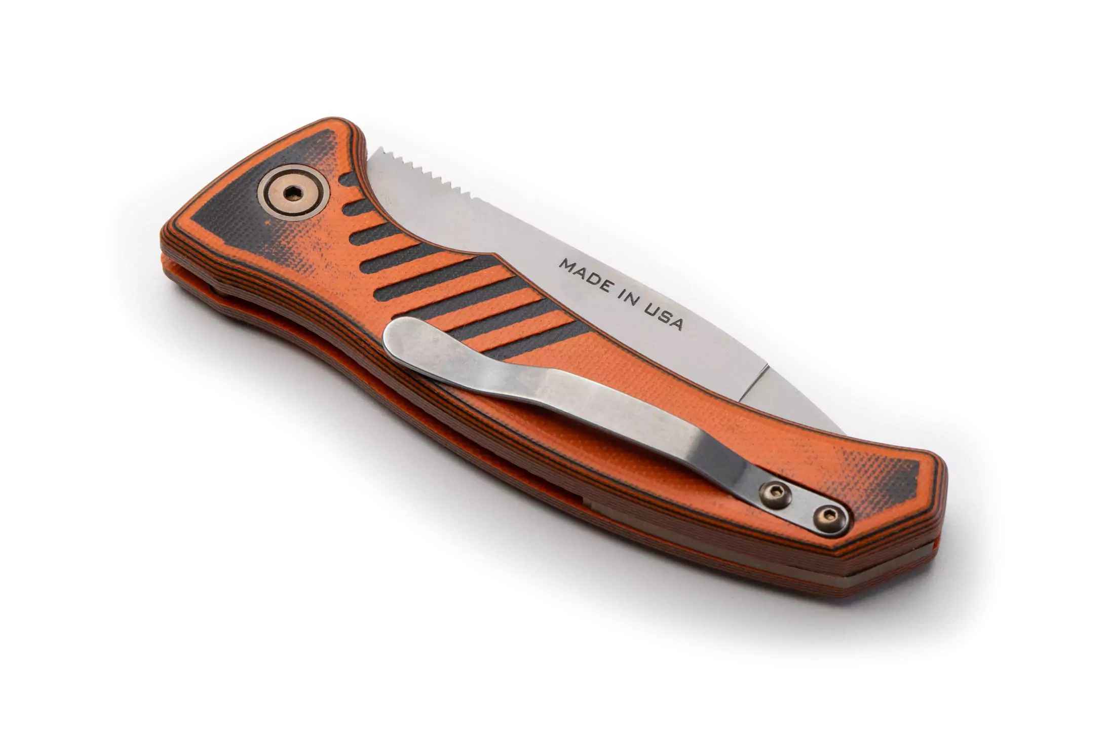 Folded Knives of Alaska Eagle Auto showing the back side with orange G10 handle, pocket clip, and partially visible blade marked "Made in USA."