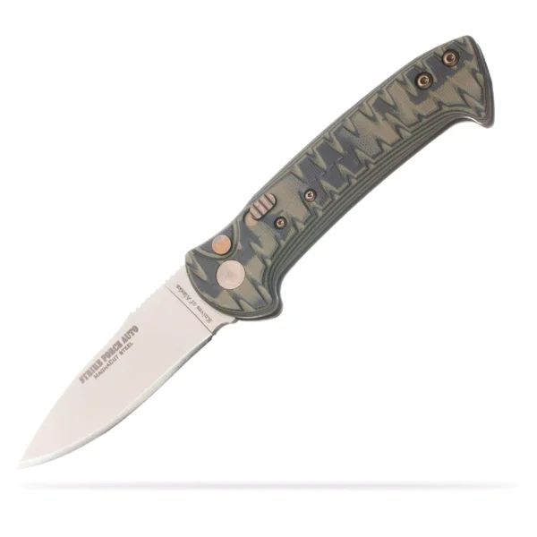Knives of Alaska Strike Force Auto knife with open, non-serrated Magnacut steel blade and OD green G10 handle featuring textured pattern and bronze hardware.