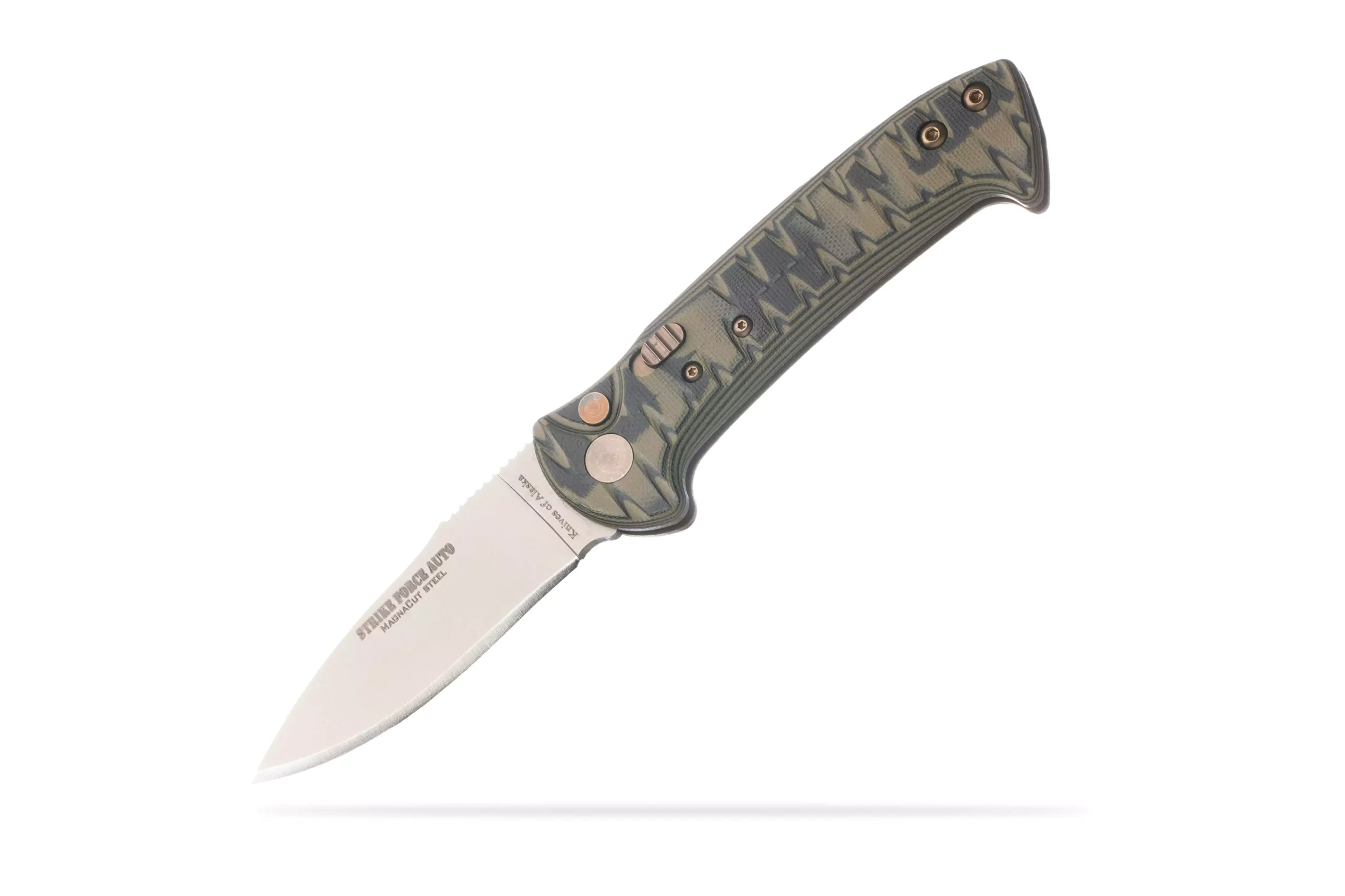 Knives of Alaska Strike Force Auto knife with open, non-serrated Magnacut steel blade and OD green G10 handle featuring textured pattern and bronze hardware.