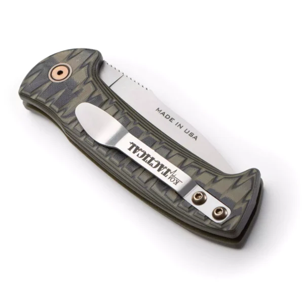 Knives of Alaska Strike Force Auto knife shown closed, featuring a patterned OD green G10 grip, bronze hardware, and non-serrated Magnacut steel blade partially visible.