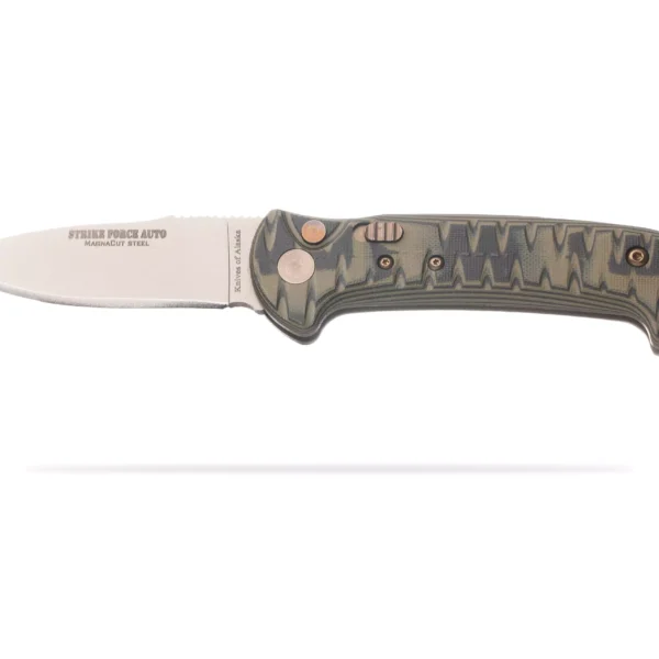 Knives of Alaska Strike Force Auto knife with a non-serrated Magnacut steel blade and OD green G10 handle, shown open.