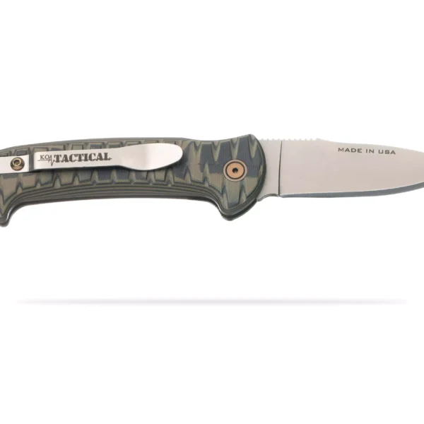 Knives of Alaska Strike Force Auto knife with a non-serrated Magnacut steel blade and OD green G10 handle, shown open with a tactical pocket clip.