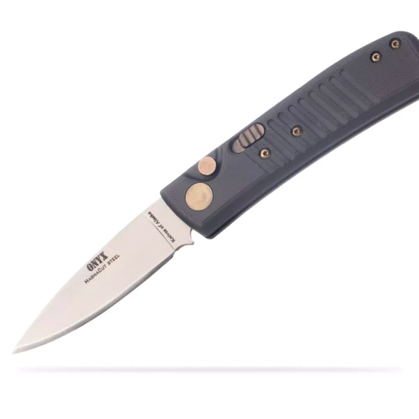 Knives of Alaska Onyx Auto knife with Magnacut steel blade, black G10 handle, and bronze push-button hardware in the open position