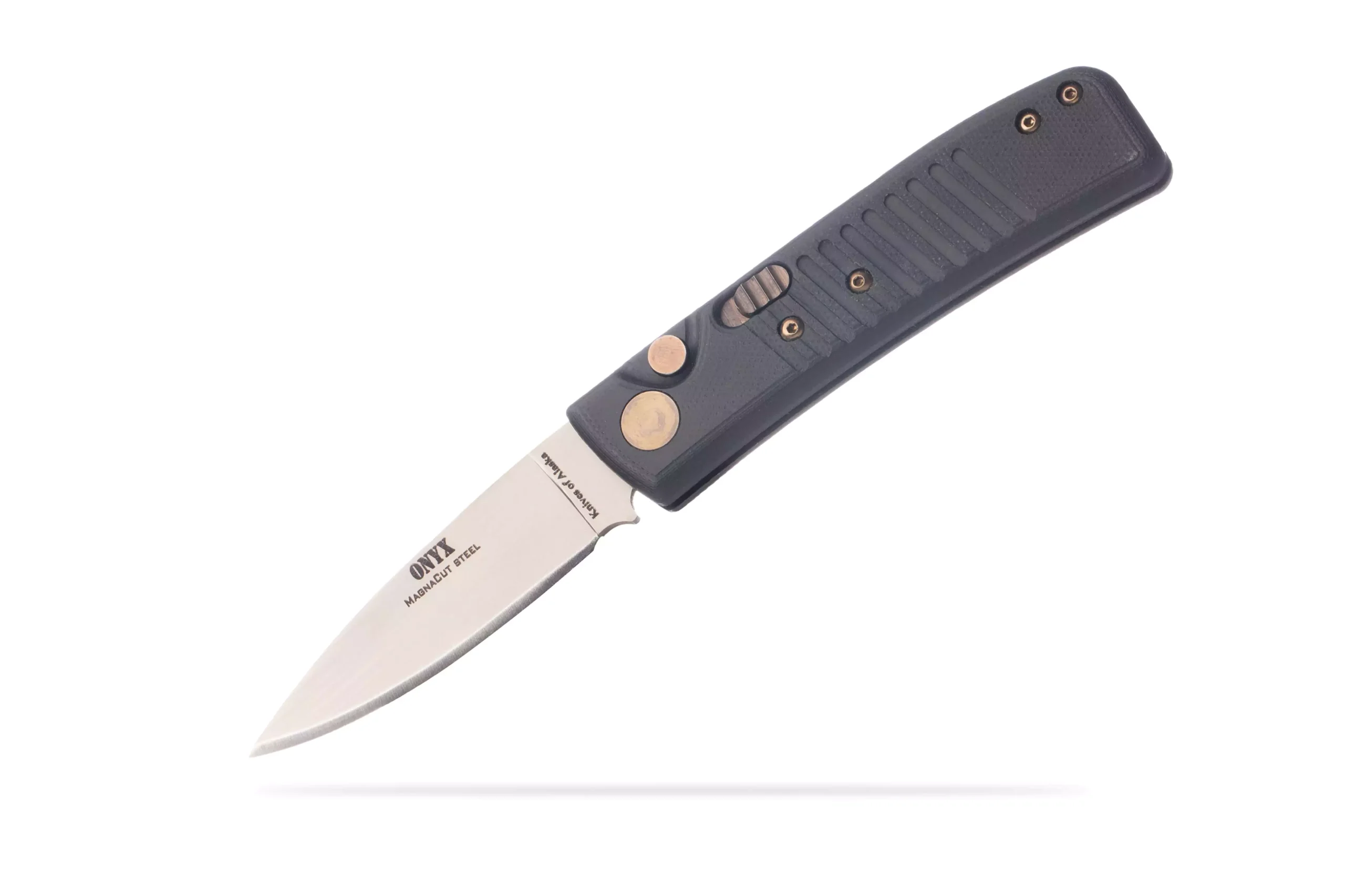 Knives of Alaska Onyx Auto knife with Magnacut steel blade, black G10 handle, and bronze push-button hardware in the open position