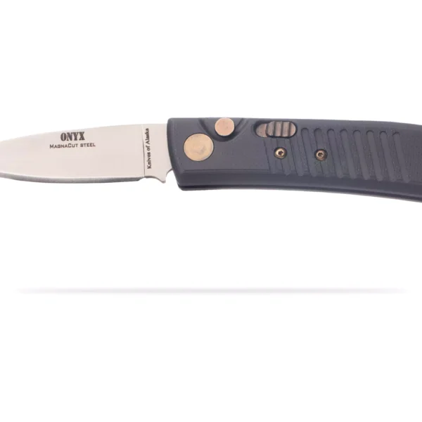 Knives of Alaska Onyx Auto folding knife with Magnacut steel blade and OD green grip, featuring a deep-carry pocket clip and precision hardware.