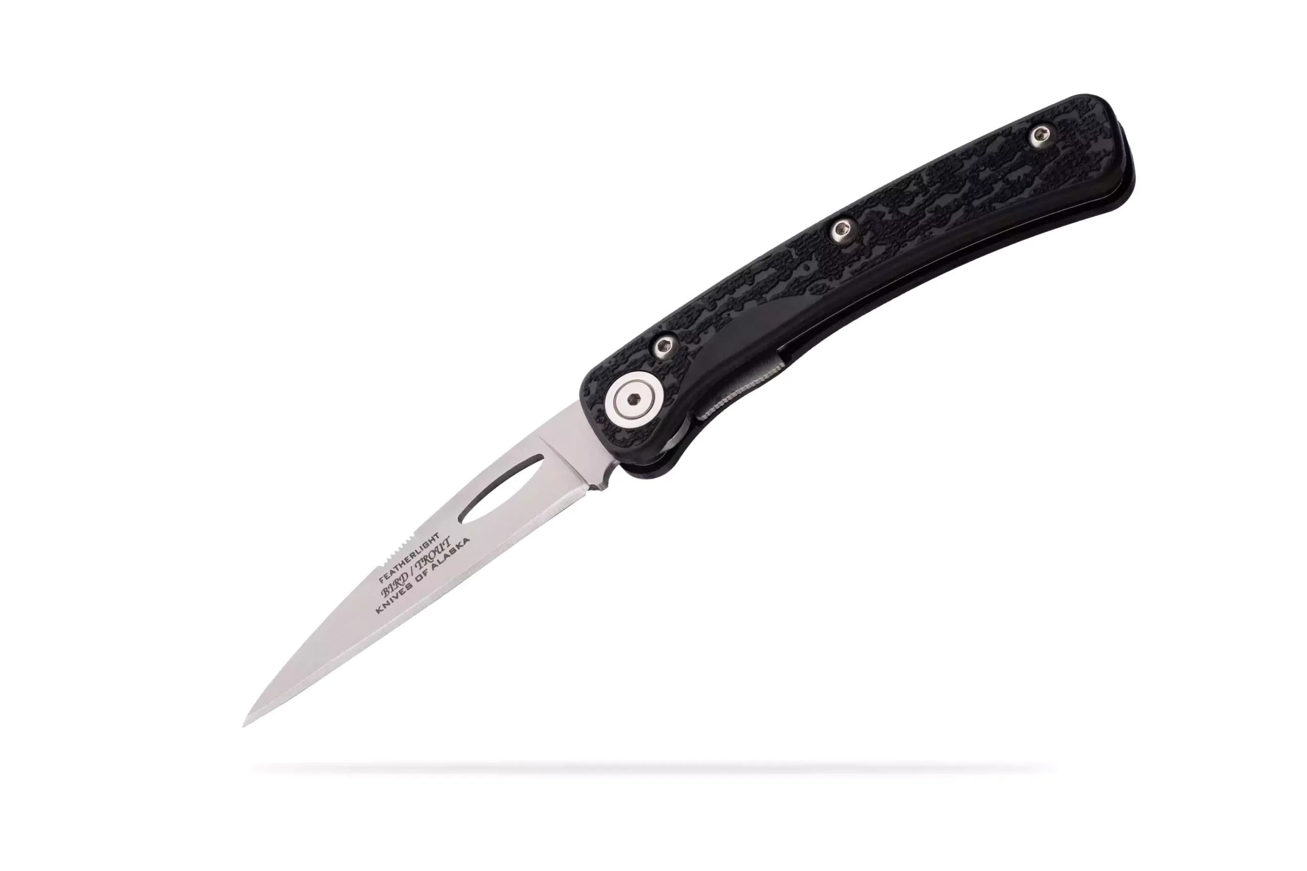 Featherlight Bird and Trout folding knife with black textured handle and partially open D2 steel blade.