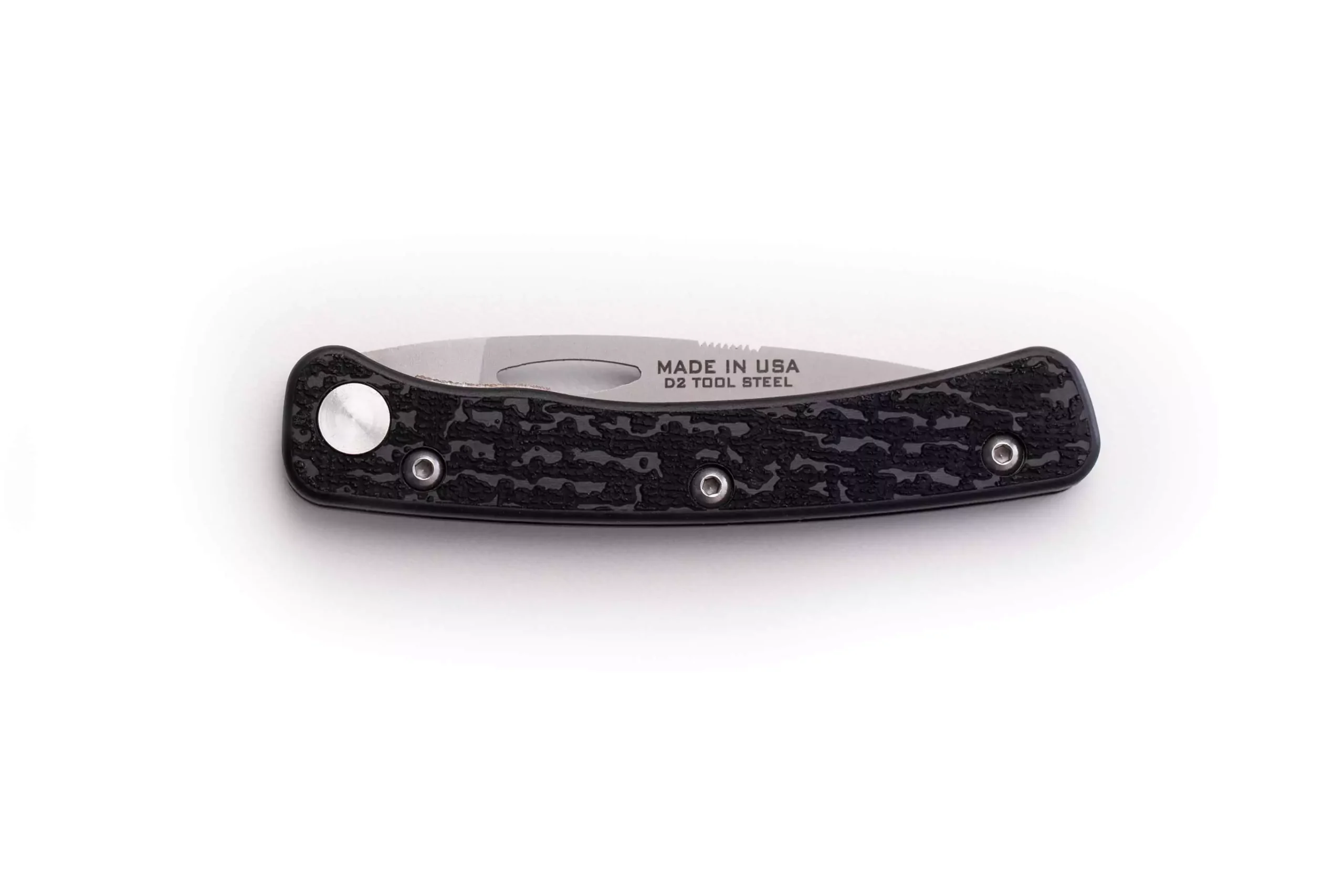 Featherlight Bird and Trout folding knife fully closed with textured black handle and D2 steel blade.