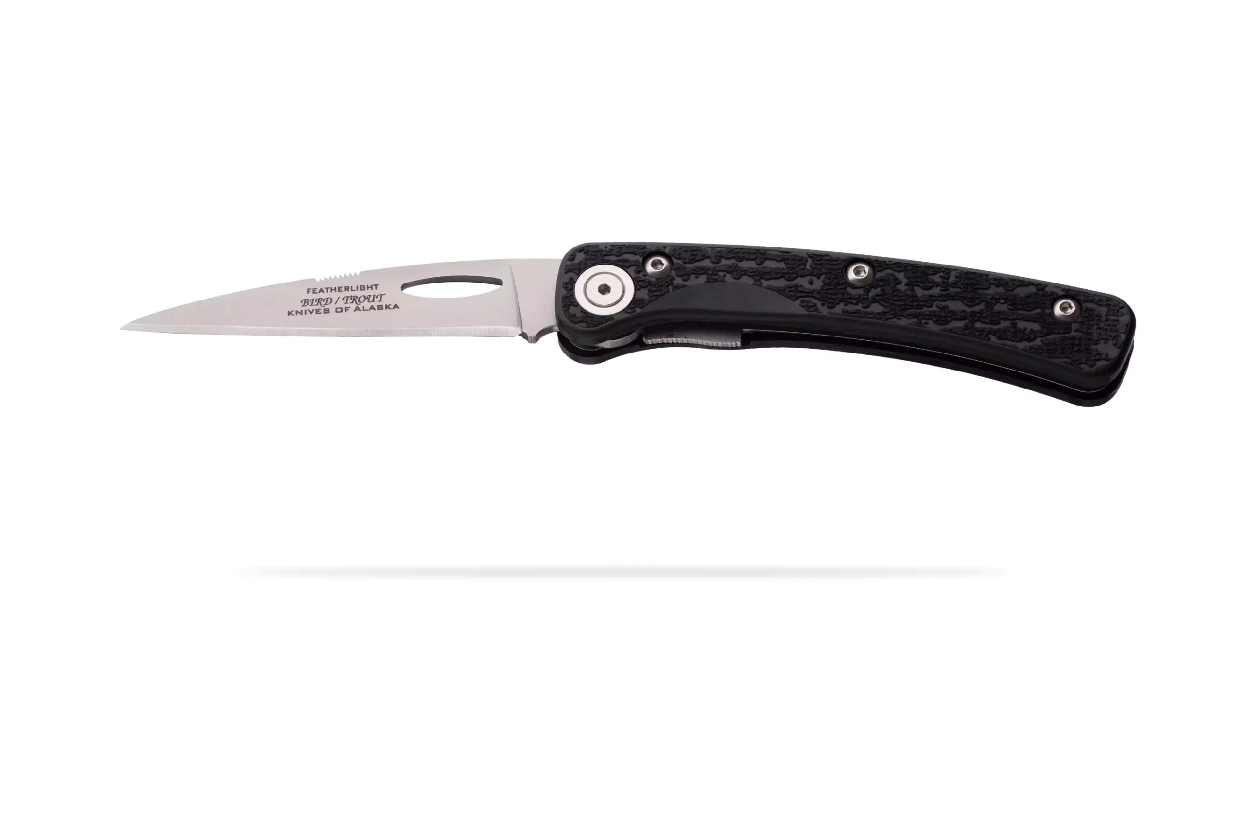 Featherlight Bird and Trout folding knife with open blade and black textured handle.