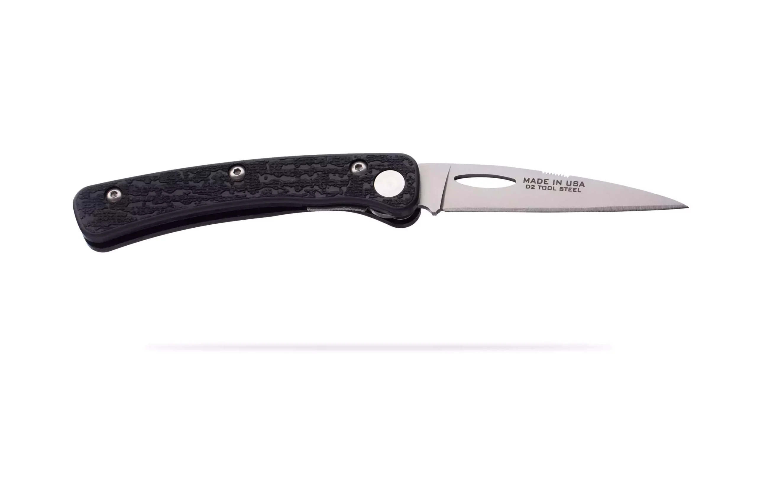 Featherlight Hunter folding knife fully opened with black textured handle and D2 tool steel blade.
