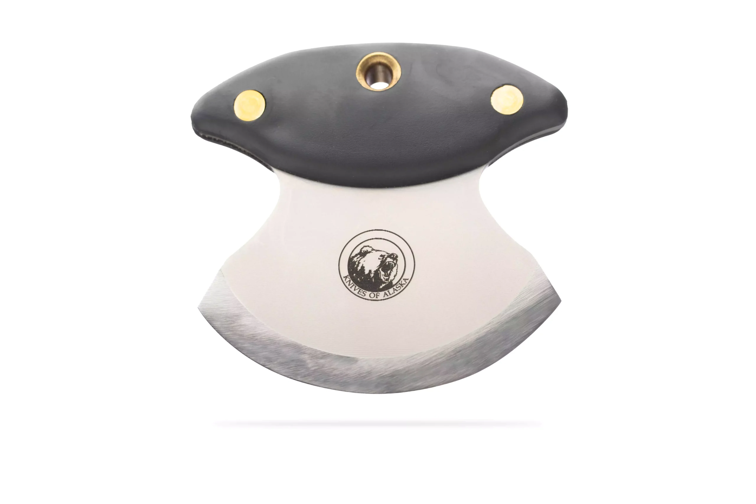 Magnum Ulu knife with black Suregrip handle and engraved blade