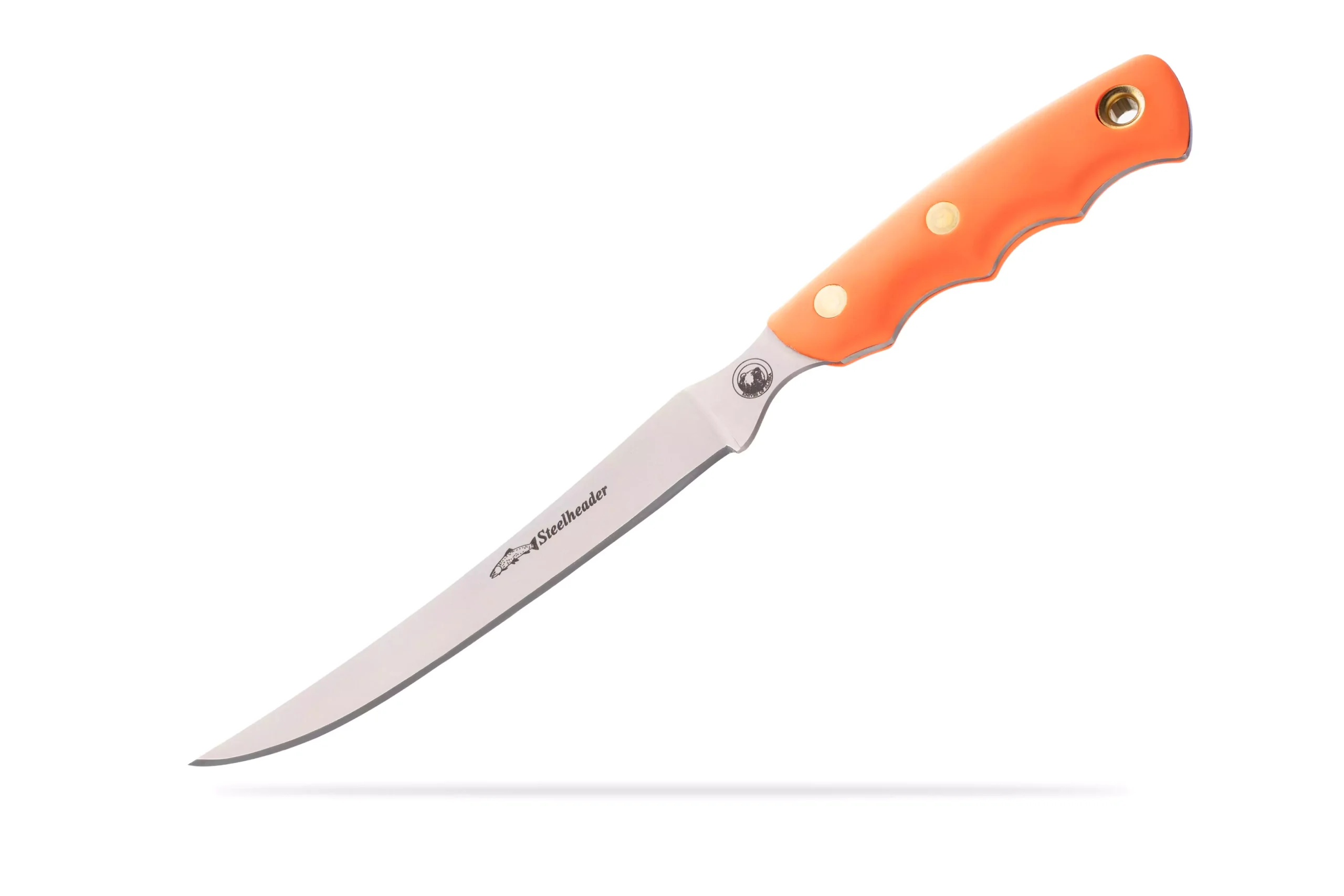 Steelheader fillet knife with orange SureGrip handle and flexible 440-C stainless steel blade.