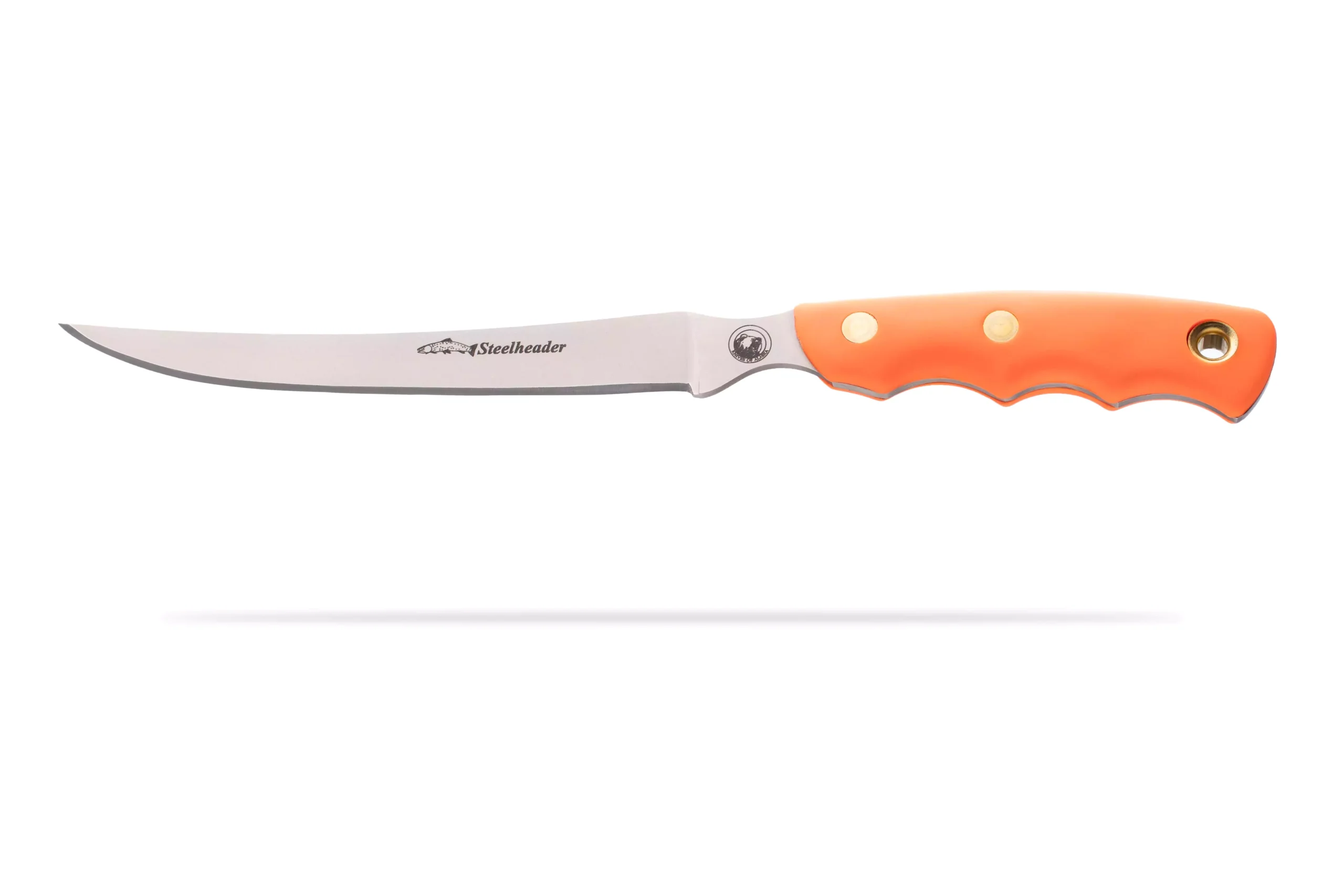 Steelheader fillet knife with orange SureGrip handle and flexible 440-C stainless steel blade.
