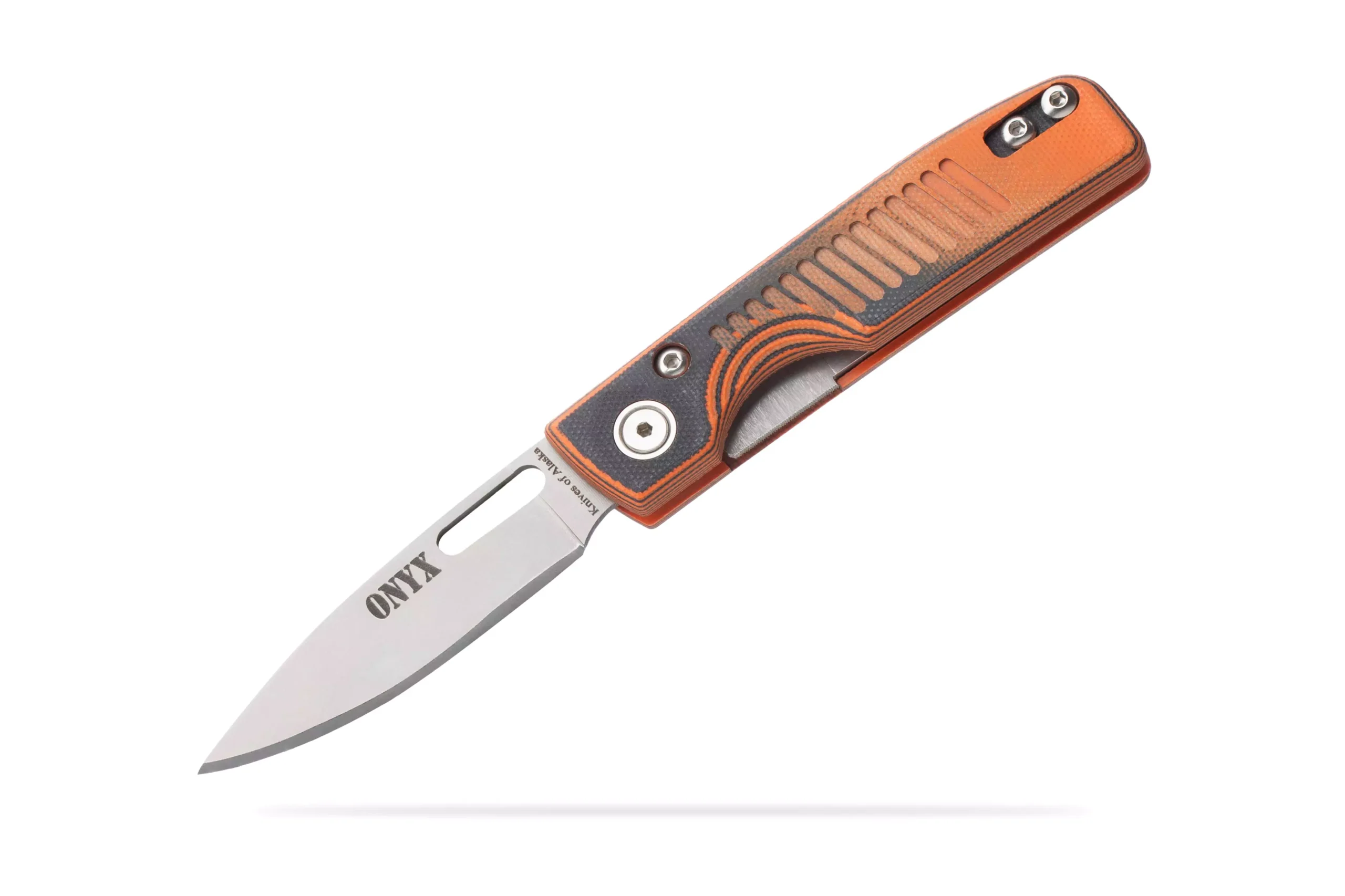Folded Onyx liner lock knife with G10 SureGrip handle and pocket clip.