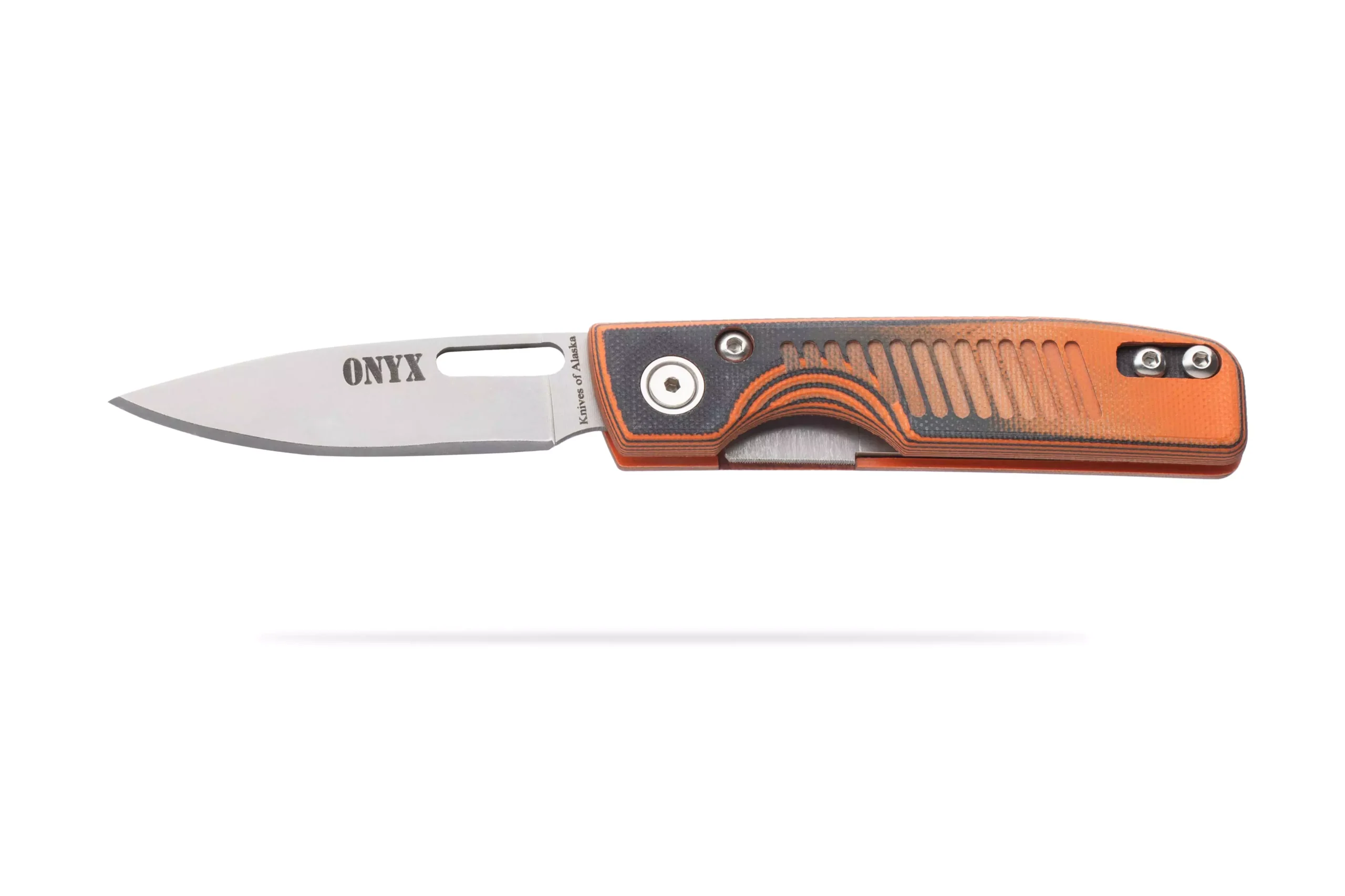 Folded Onyx liner lock knife with G10 SureGrip handle and pocket clip.