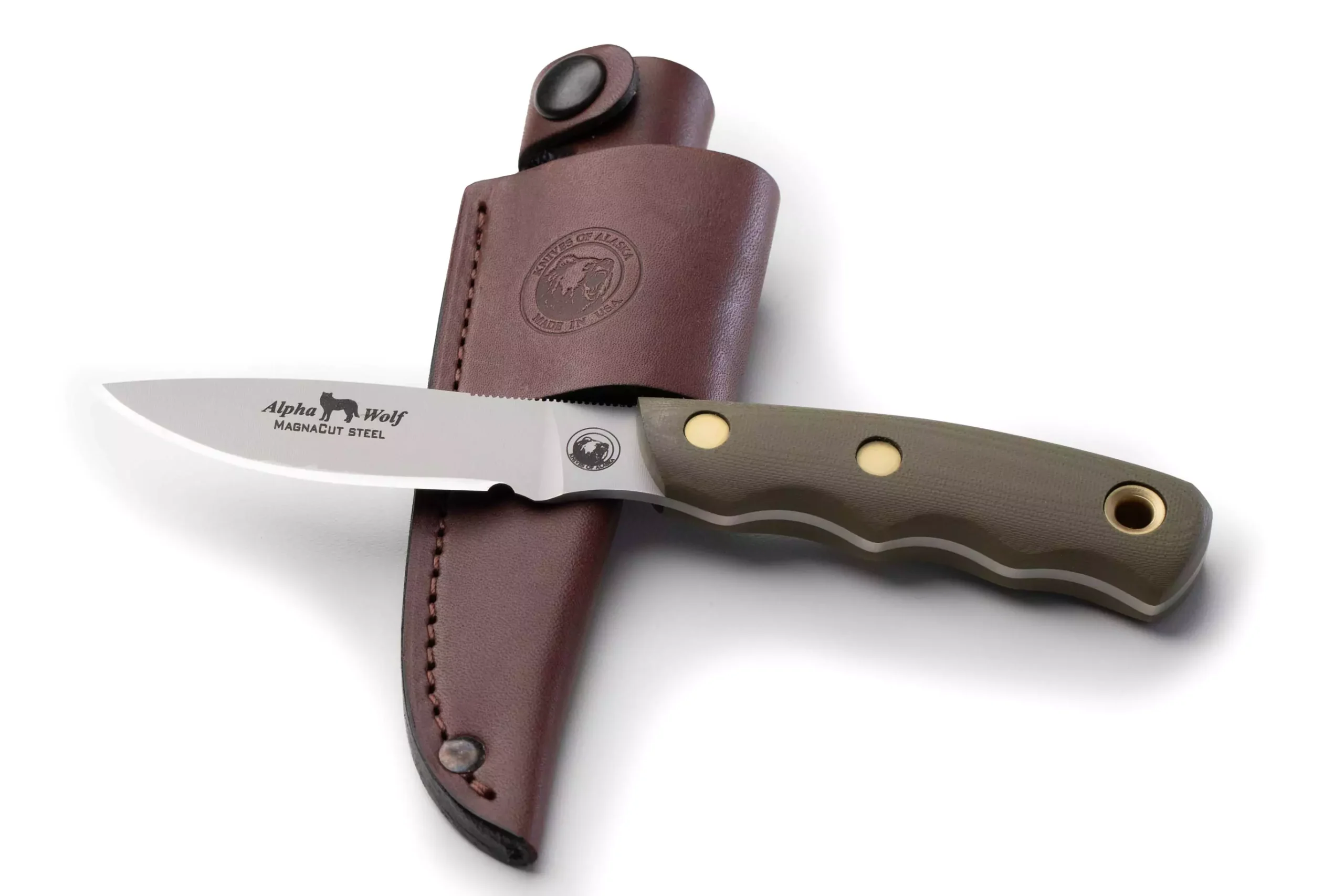 Alpha Wolf hunting knife with OD green G10 handle and leather sheath
