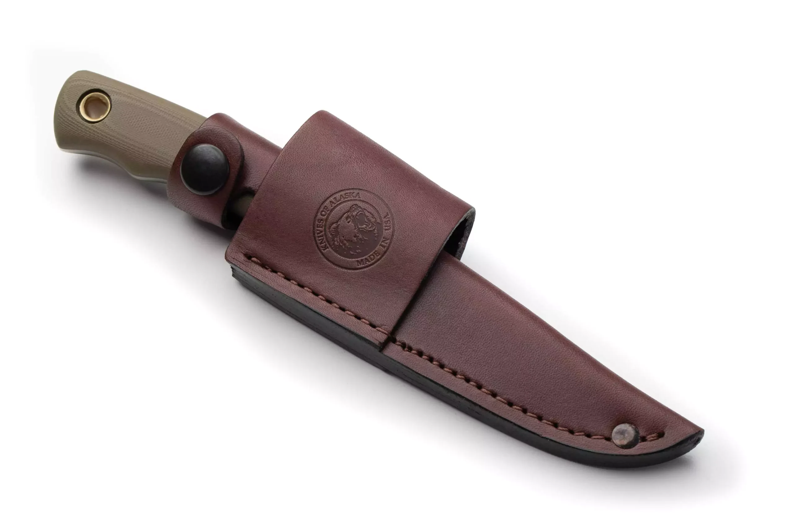 Alpha Wolf hunting knife with OD green G10 handle in leather sheath