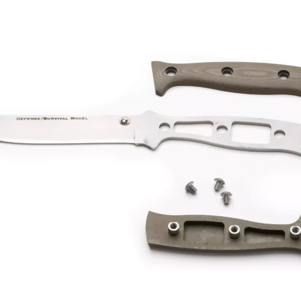 Disassembled Defense Survival knife showing D2 steel blade, skeletonized tang, G10 handle scale, screws, and hex key for assembly.