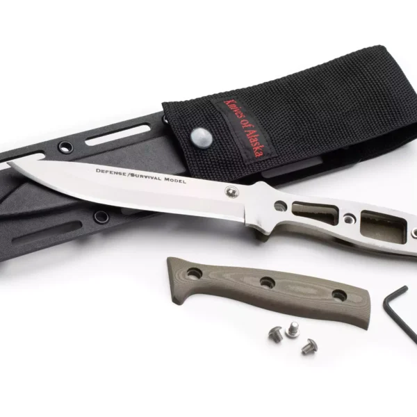 Defense Survival fixed blade knife featuring a D2 steel blade and a G10 handle, designed for tactical, survival, and outdoor use.