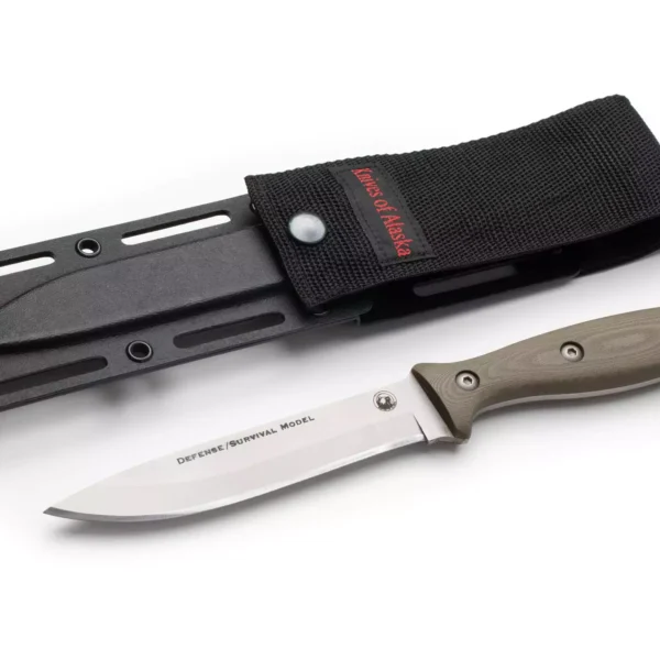 Defense Survival fixed blade knife with D2 steel blade and G10 handle, designed for rugged tactical and outdoor survival use.