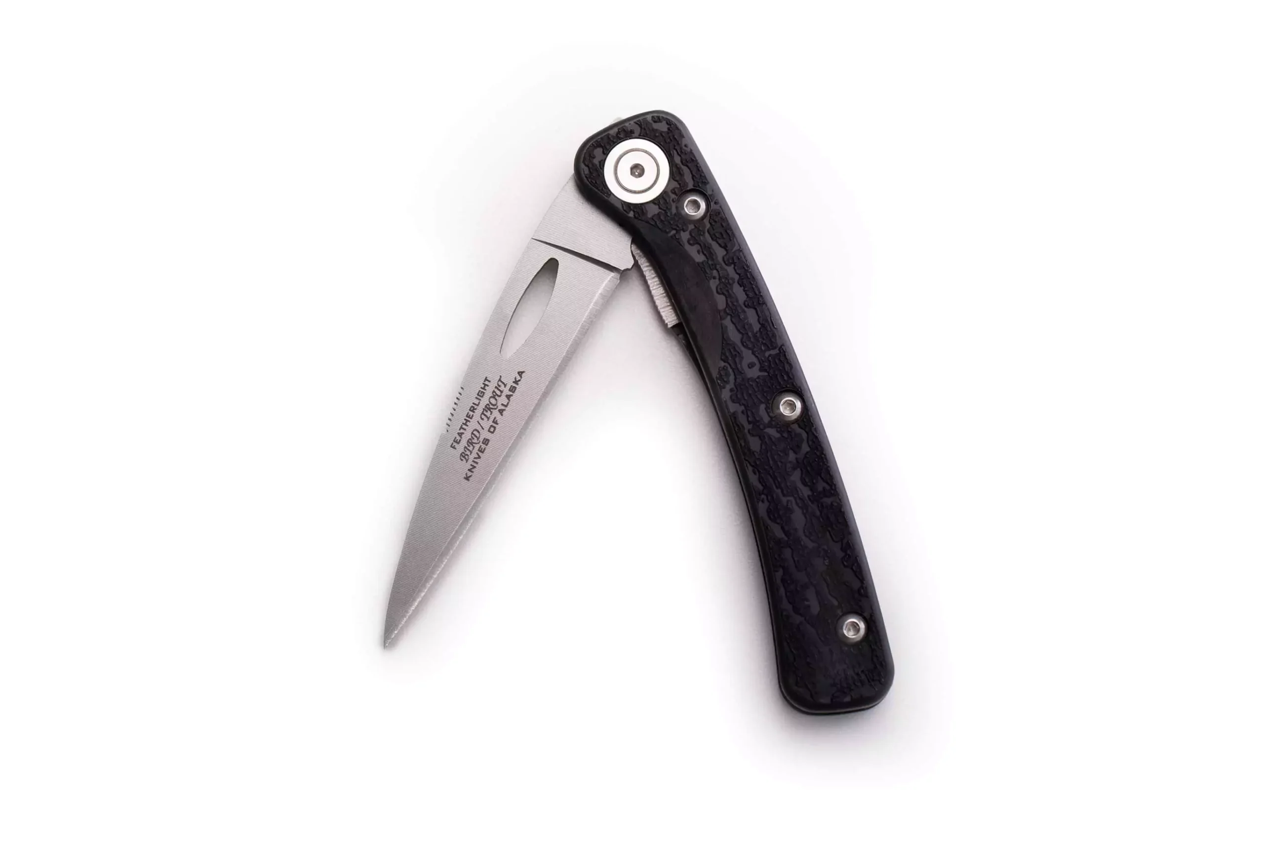 Featherlight Bird and Trout folding knife with partially opened blade and textured black handle.