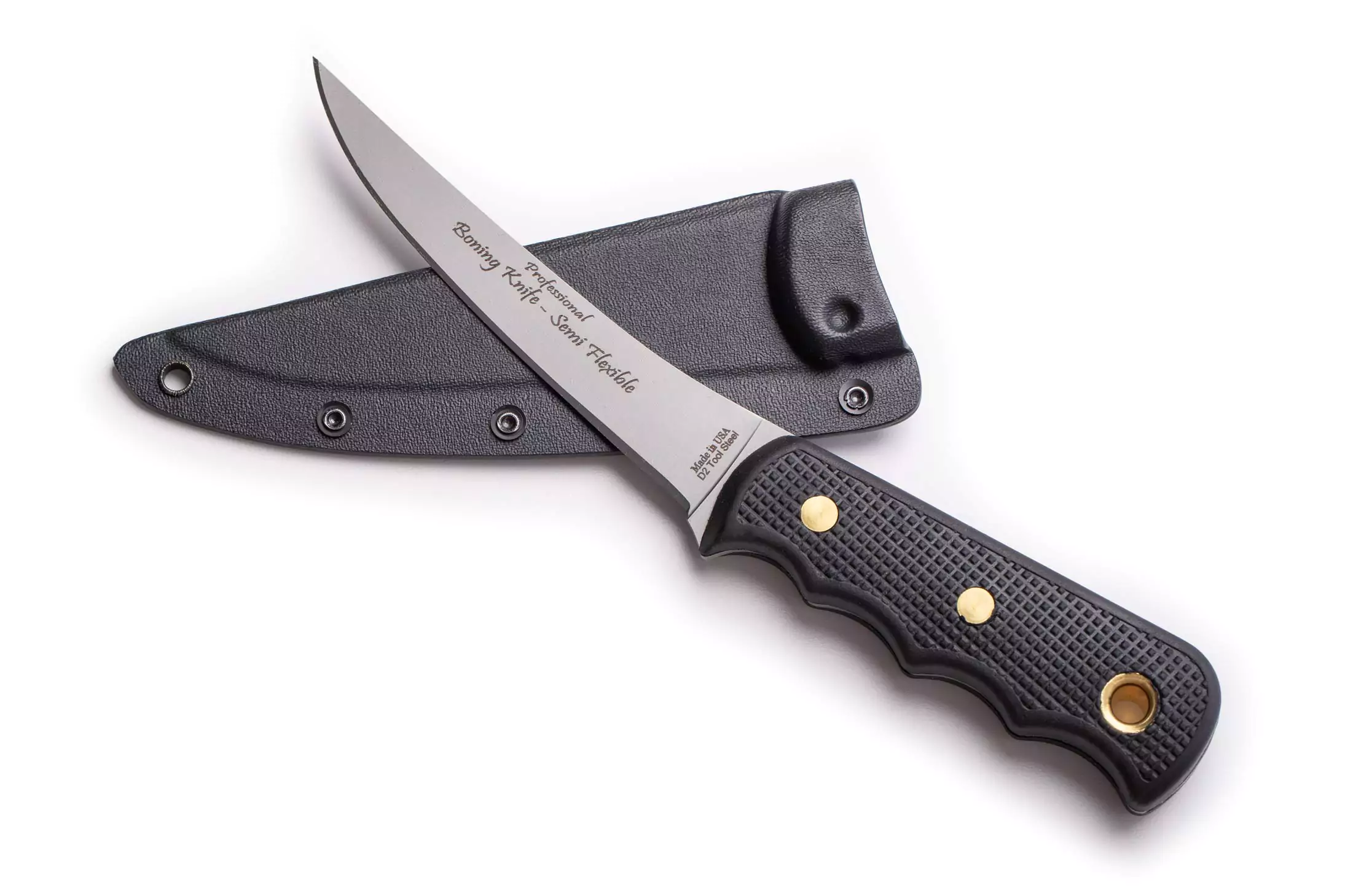 Pro boning knife with semi flexible blade and Sure Grip handle, shown with a fitted black sheath for safe storage and transport.