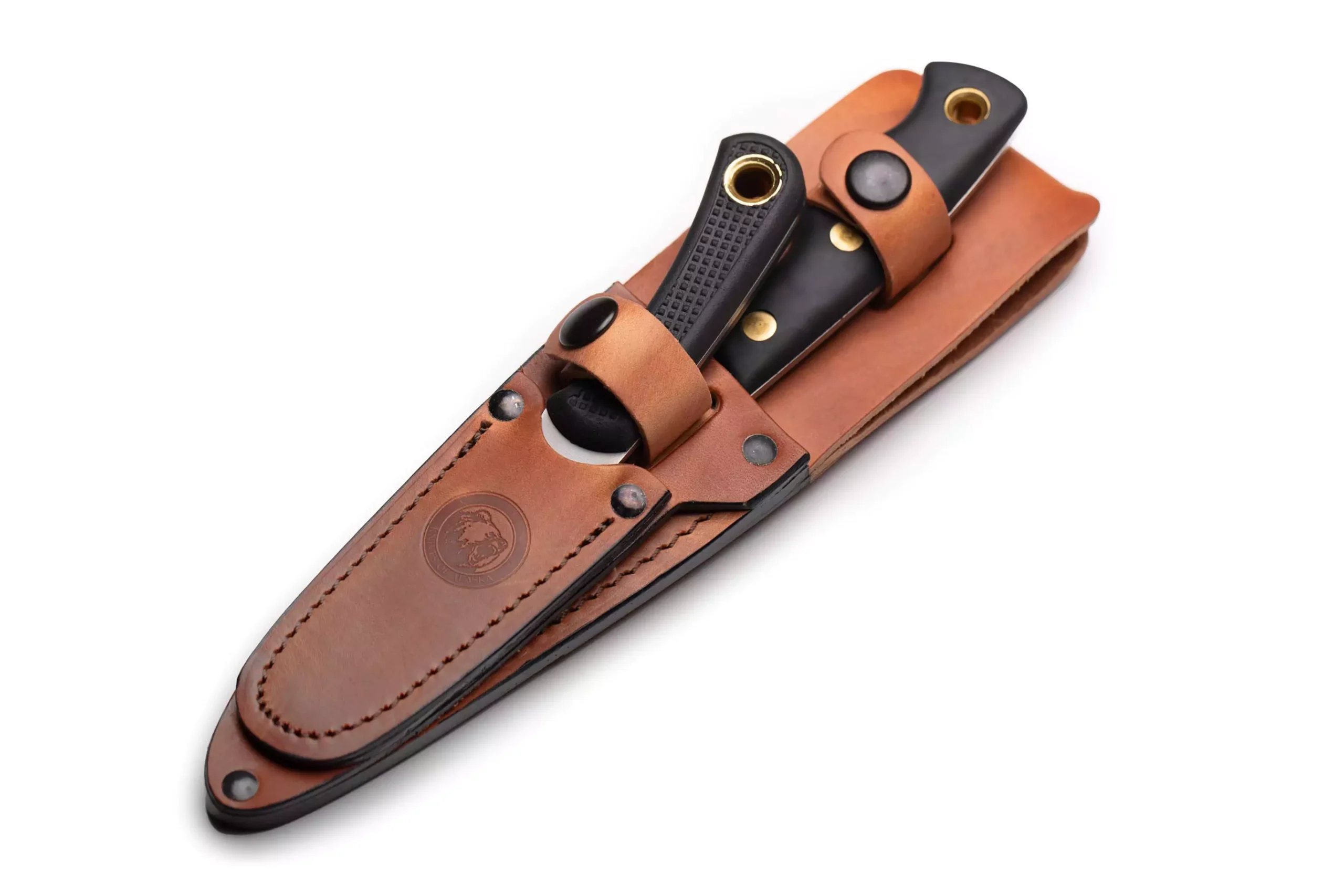 Alpha Wolf and Muskrat knives with Suregrip handles and leather sheath