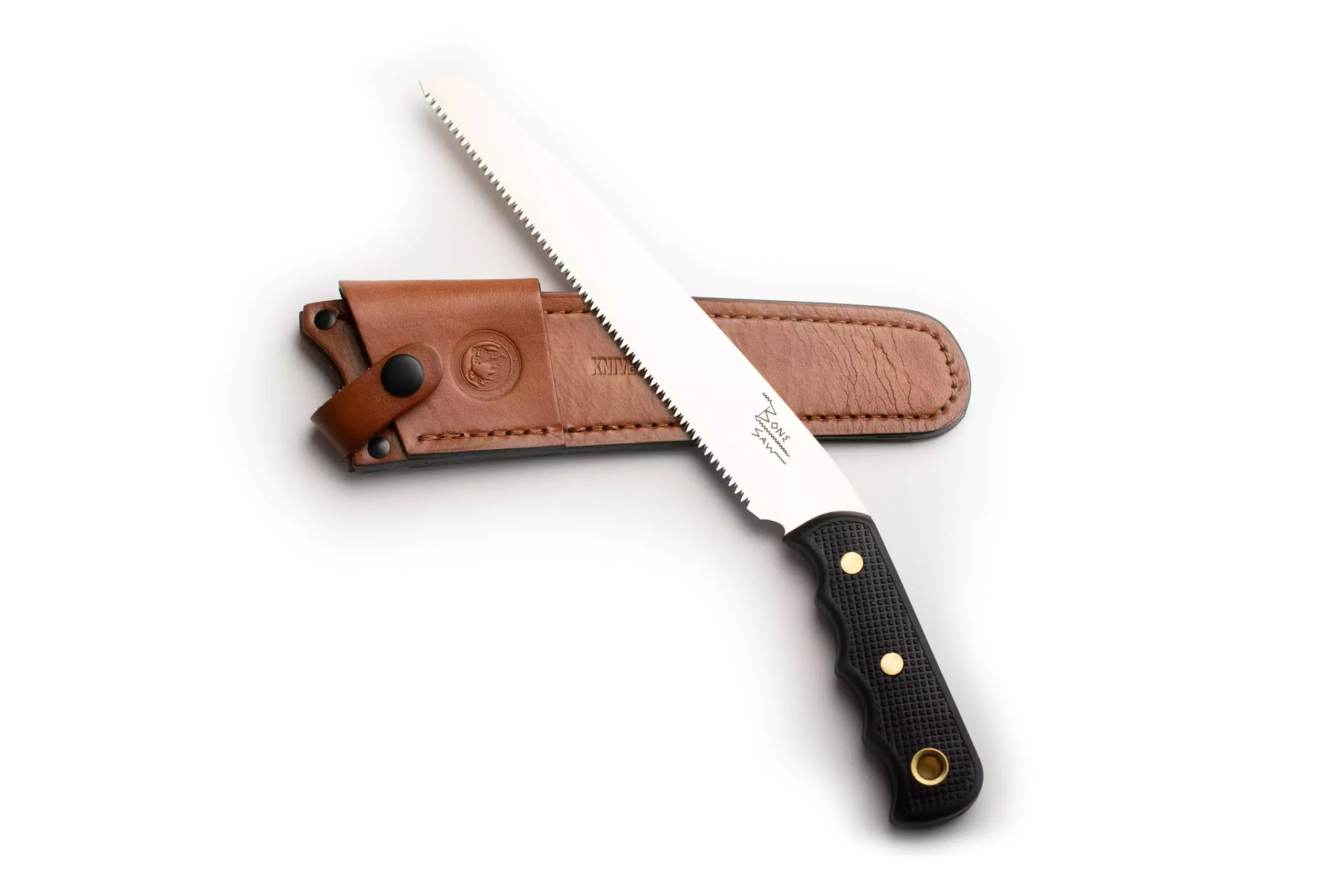 Knives of Alaska bone saw with Suregrip handle and leather sheath