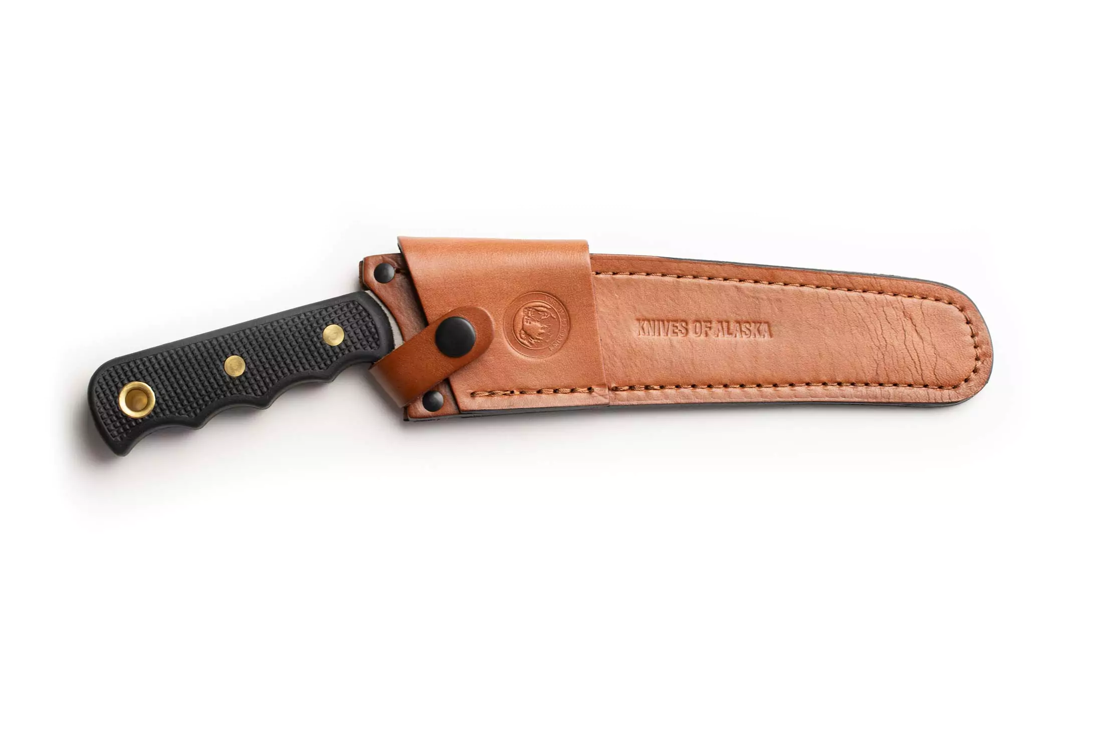 Knives of Alaska bone saw with Suregrip handle in leather sheath