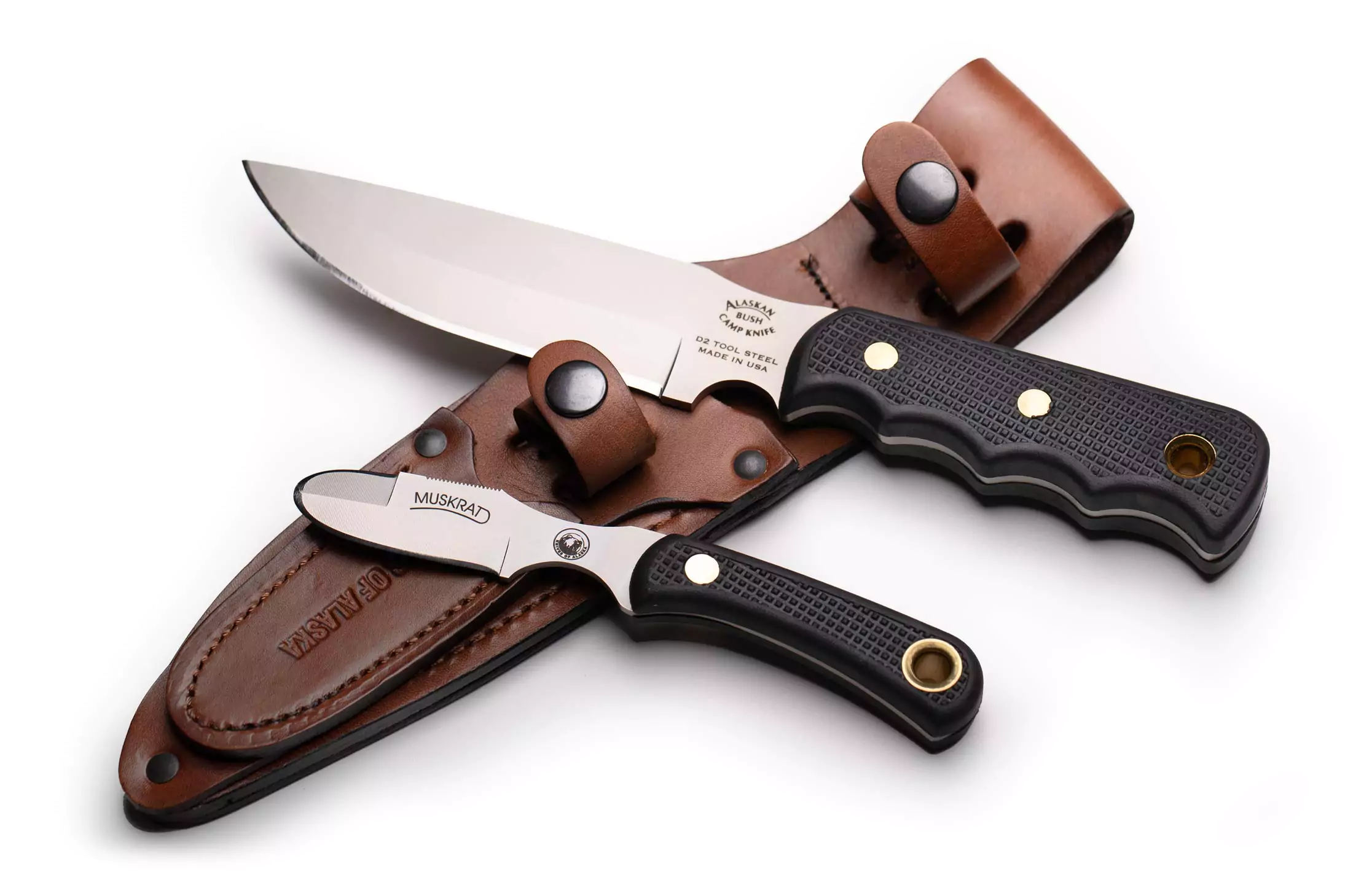 Bush Camp and Muskrat knife combo with Suregrip handles and leather sheath