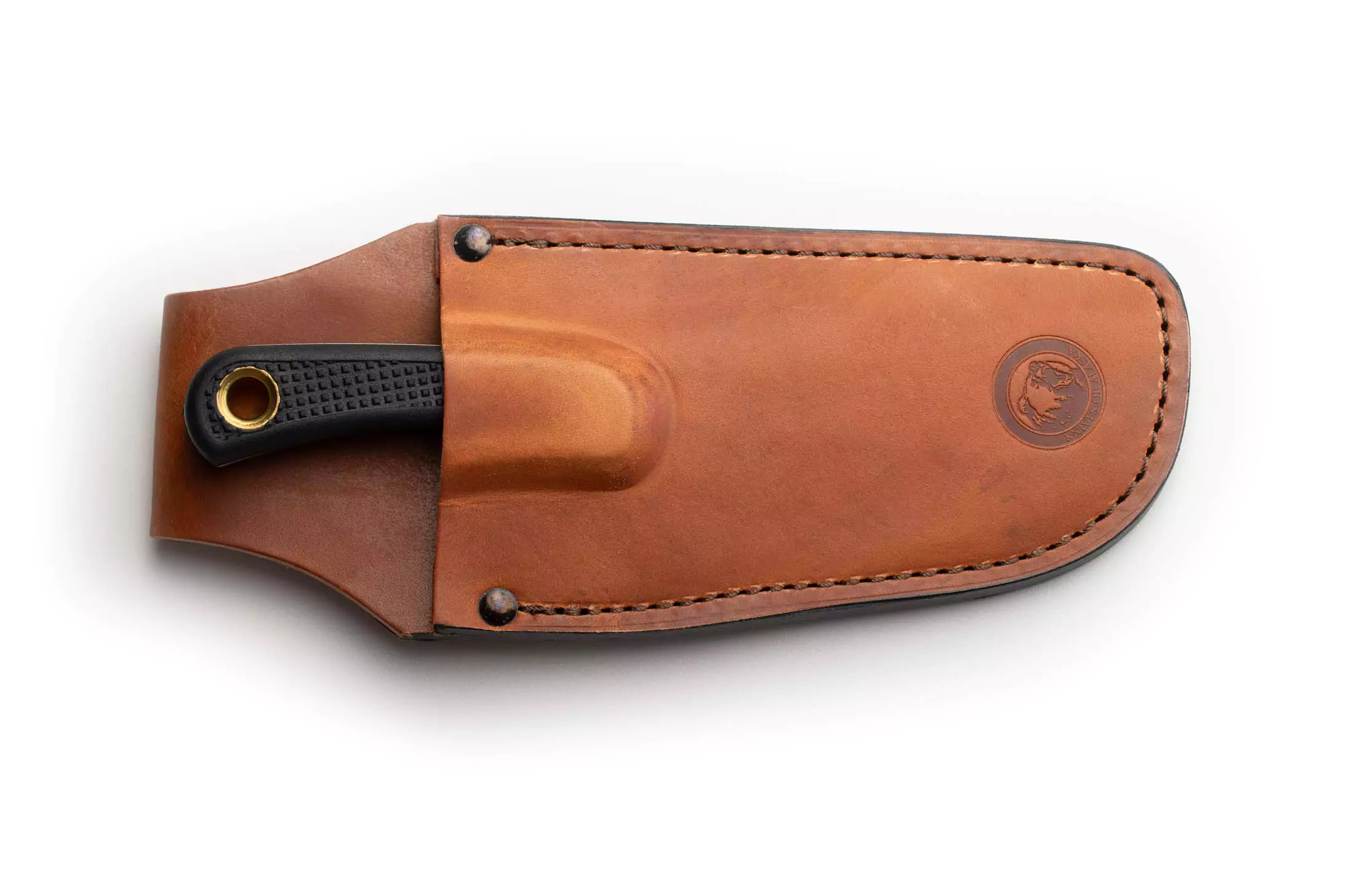 Knives of Alaska Caribou knife inside leather sheath with black Suregrip handle visible
