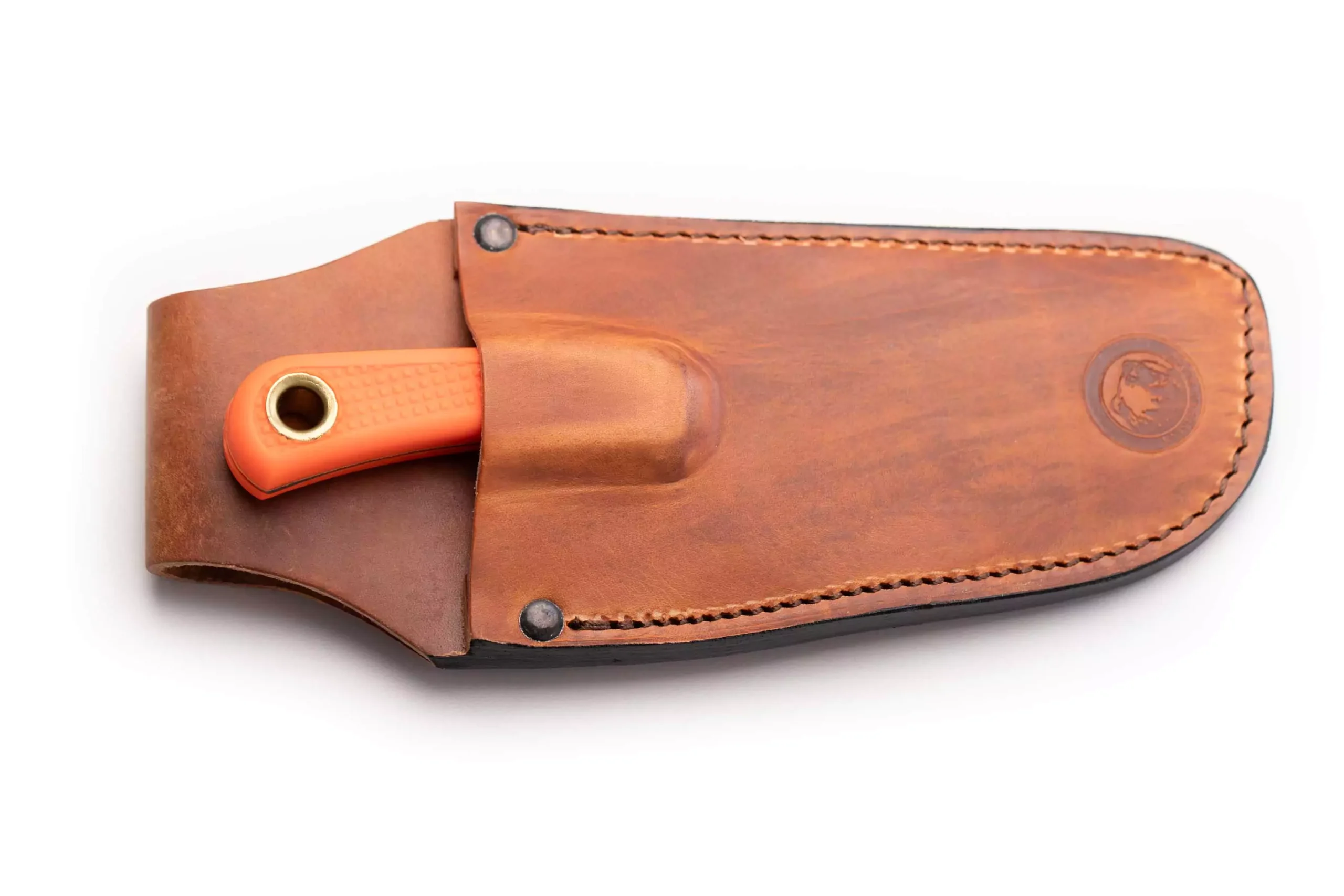 Knives of Alaska Caribou knife inside leather sheath with orange Suregrip handle visible