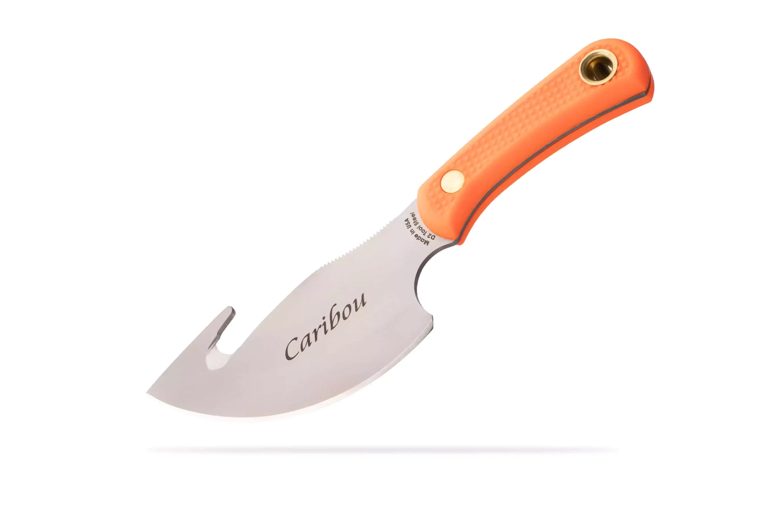 Knives of Alaska Caribou knife with D2 steel gut hook blade and orange Suregrip handle