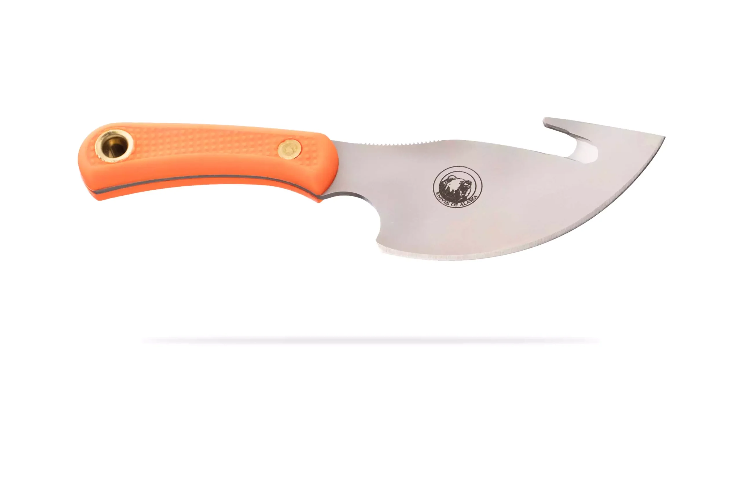 Knives of Alaska Caribou knife with orange Suregrip handle and gut hook D2 steel blade
