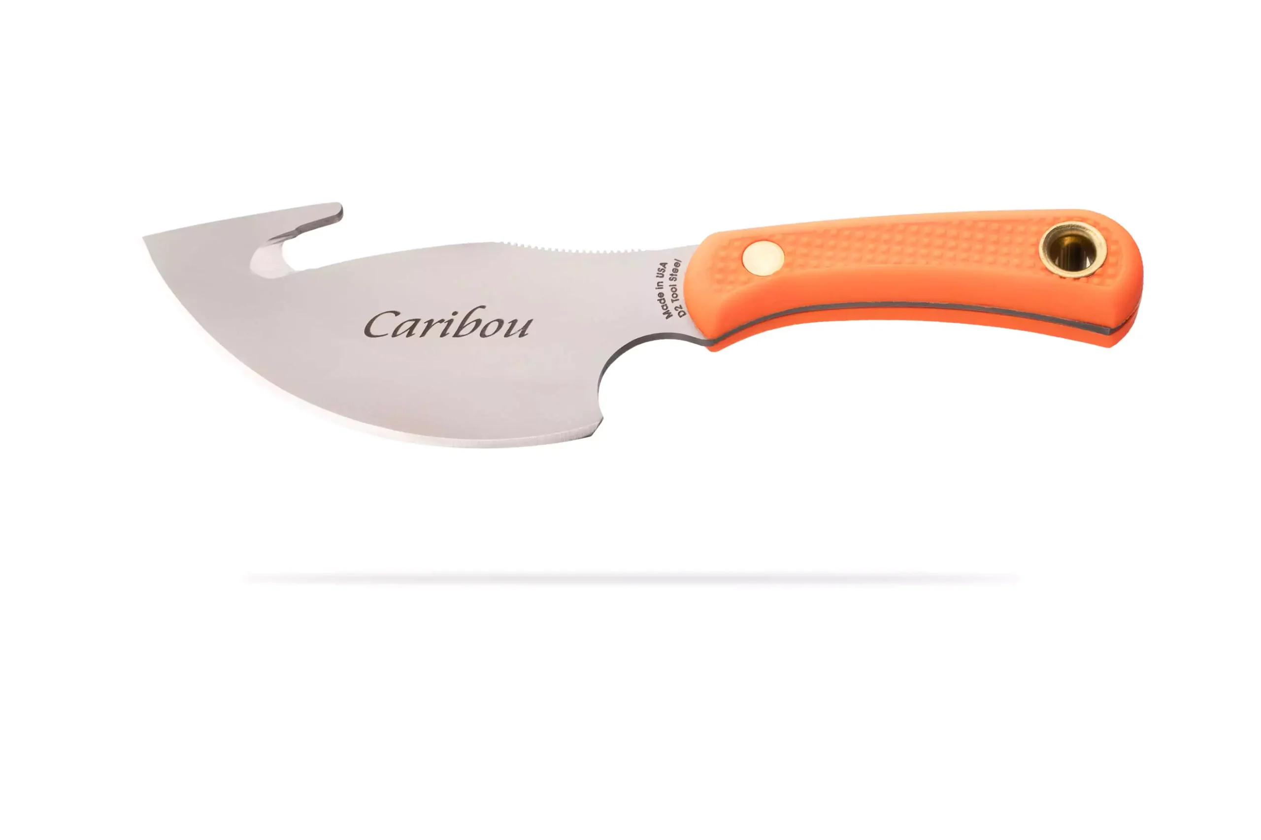 Knives of Alaska Caribou knife with orange Suregrip handle and gut hook D2 steel blade