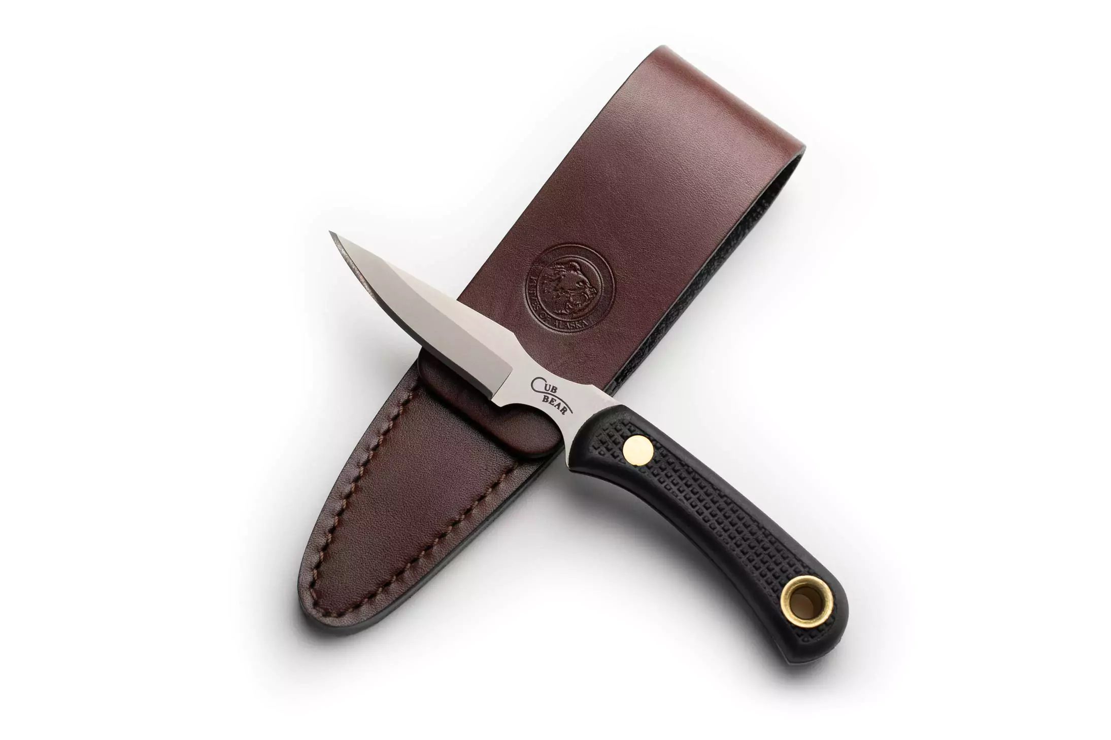 Cub Bear knife with black Suregrip handle and brown leather sheath