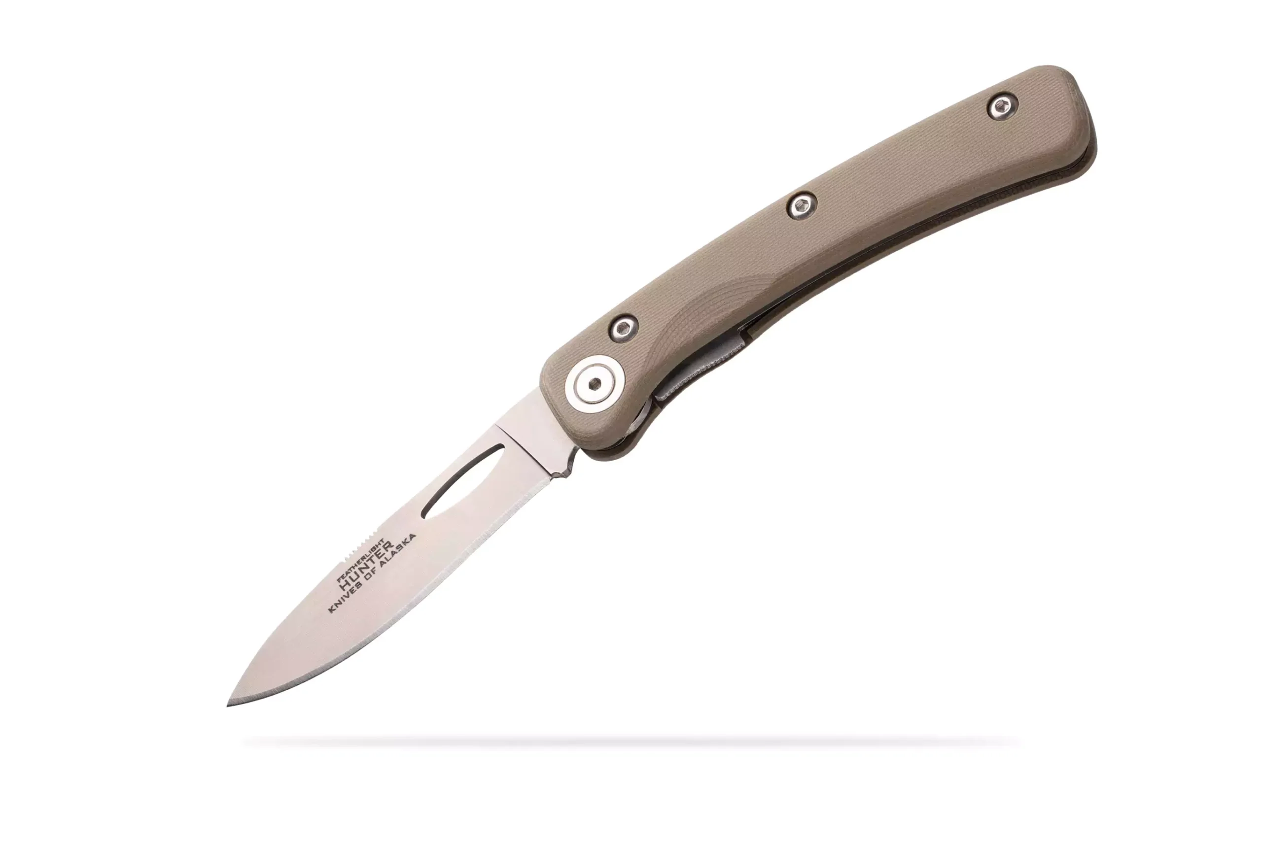 Featherlight Hunter folding knife with OD green G10 handle and D2 steel blade in open angled view