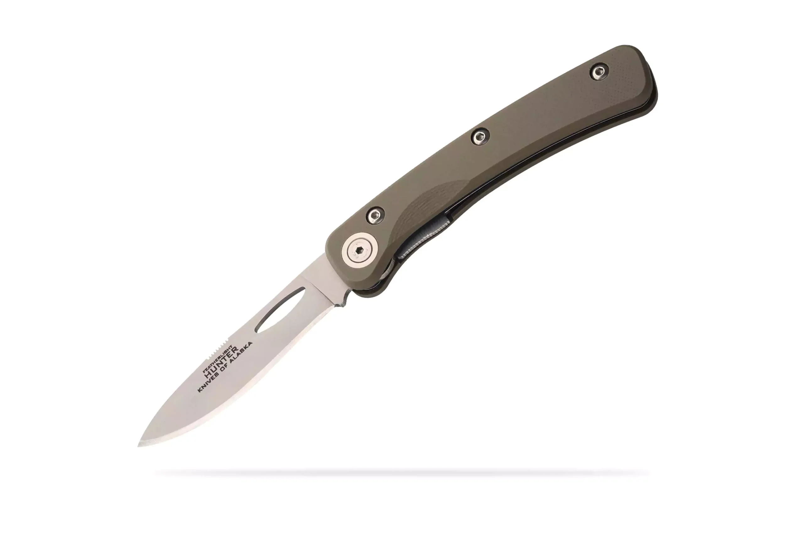 Featherlight Hunter folding knife with OD green G10 handle and D2 steel blade in open angled view