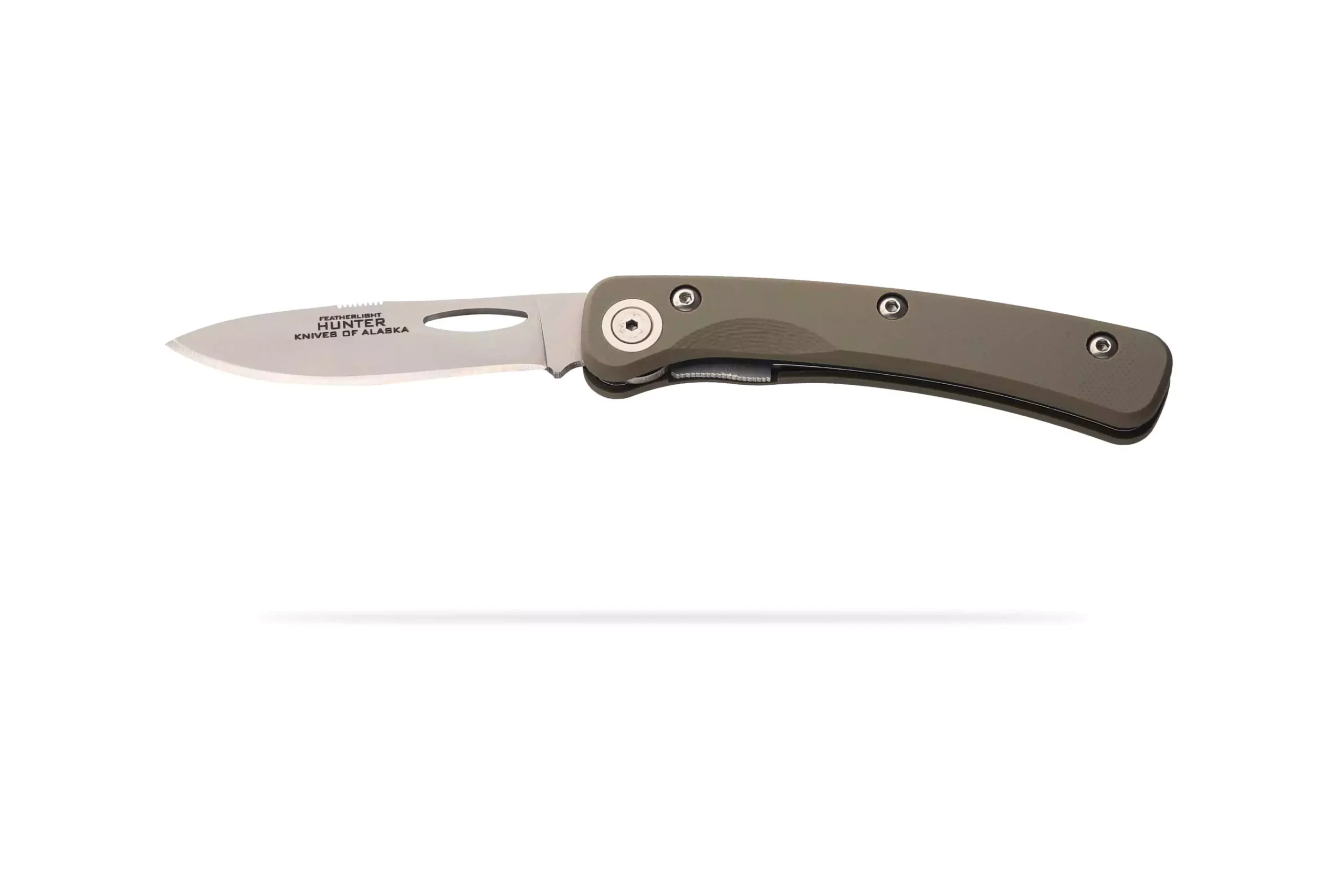 Featherlight Hunter folding knife in OD green G10 with blade fully open, with pocket clip but not visible