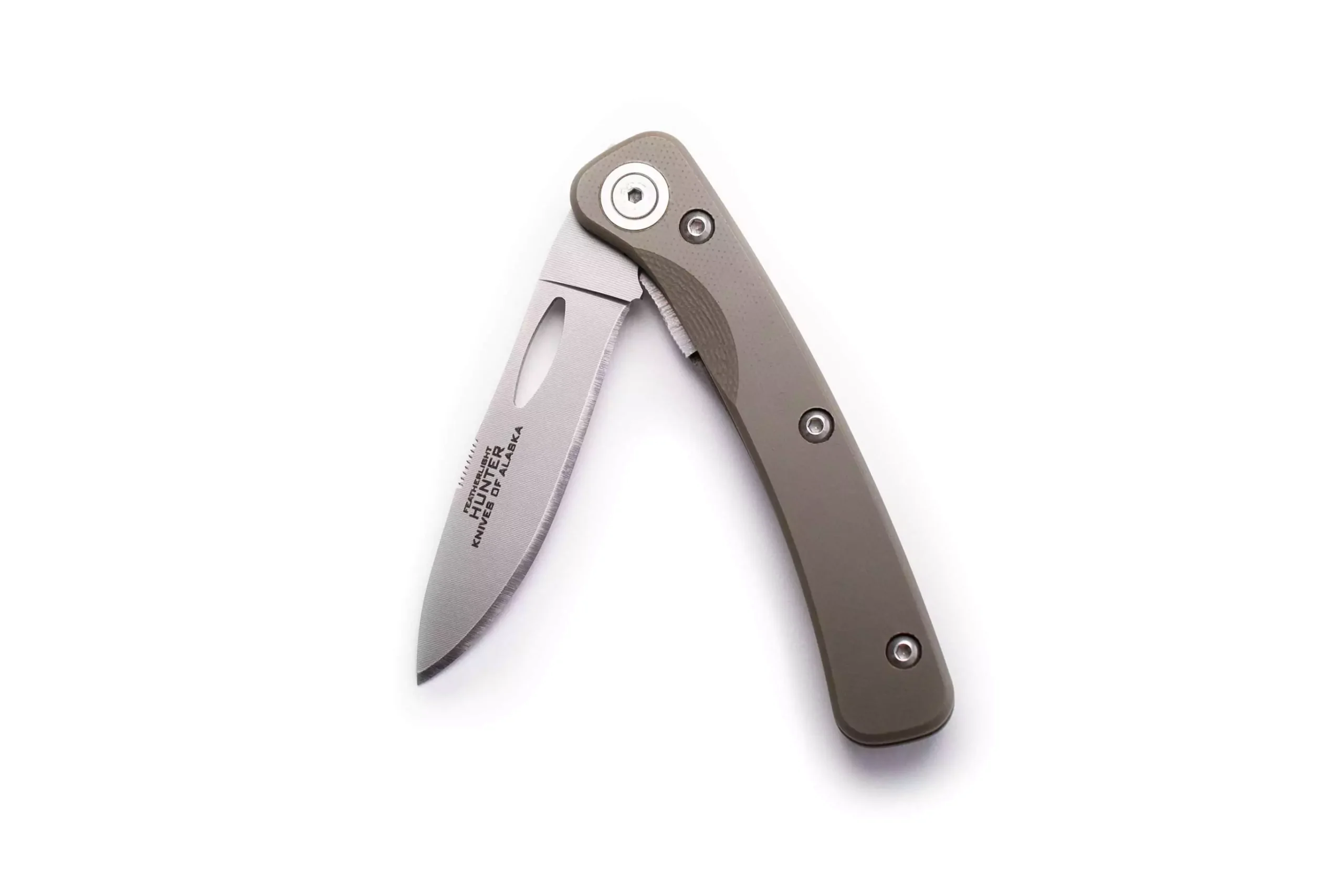 Featherlight Hunter folding knife in OD green G10 handle, blade partially opened, no pocket clip