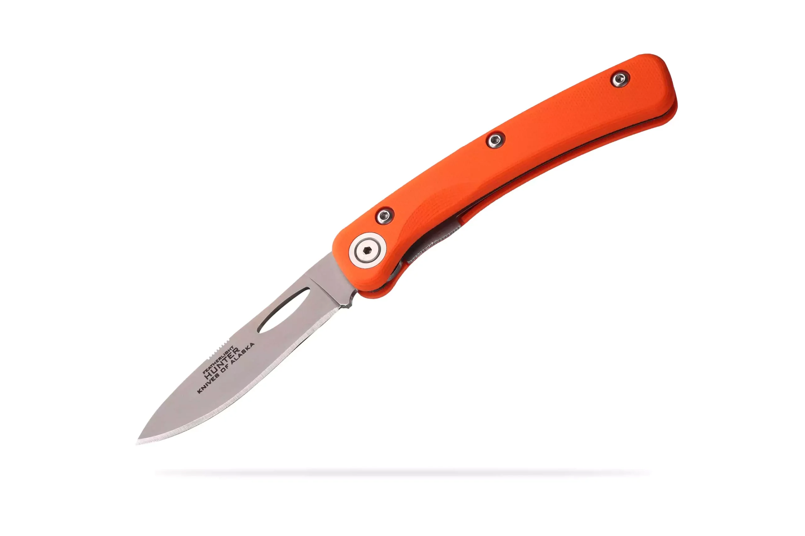 Featherlight Hunter knife with orange G10 handle and D2 steel blade in angled open position