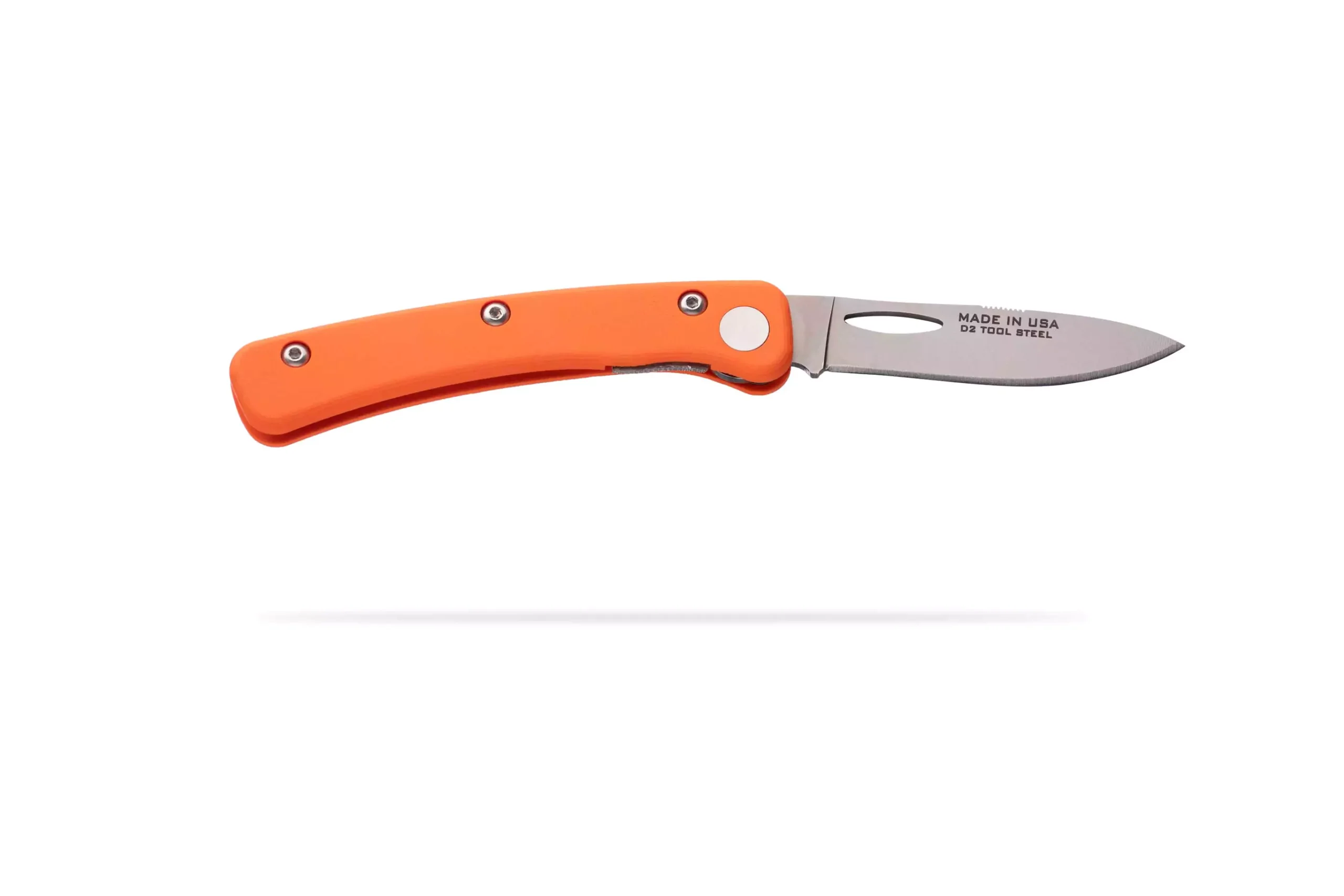 Featherlight Hunter folding knife with D2 tool steel blade and orange G10 handle, reverse side view