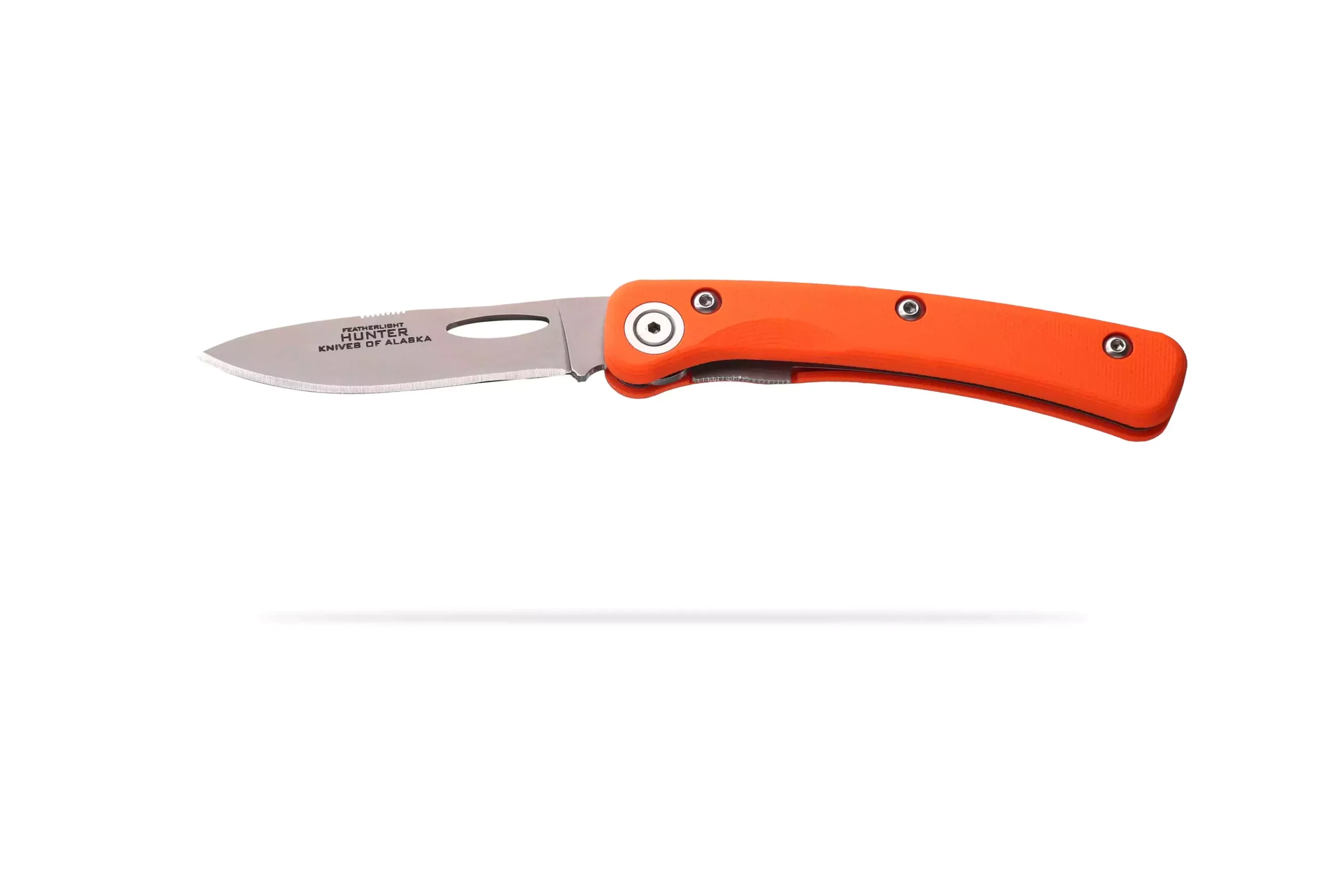 Fully open Featherlight Hunter knife with orange G10 handle and D2 tool steel blade