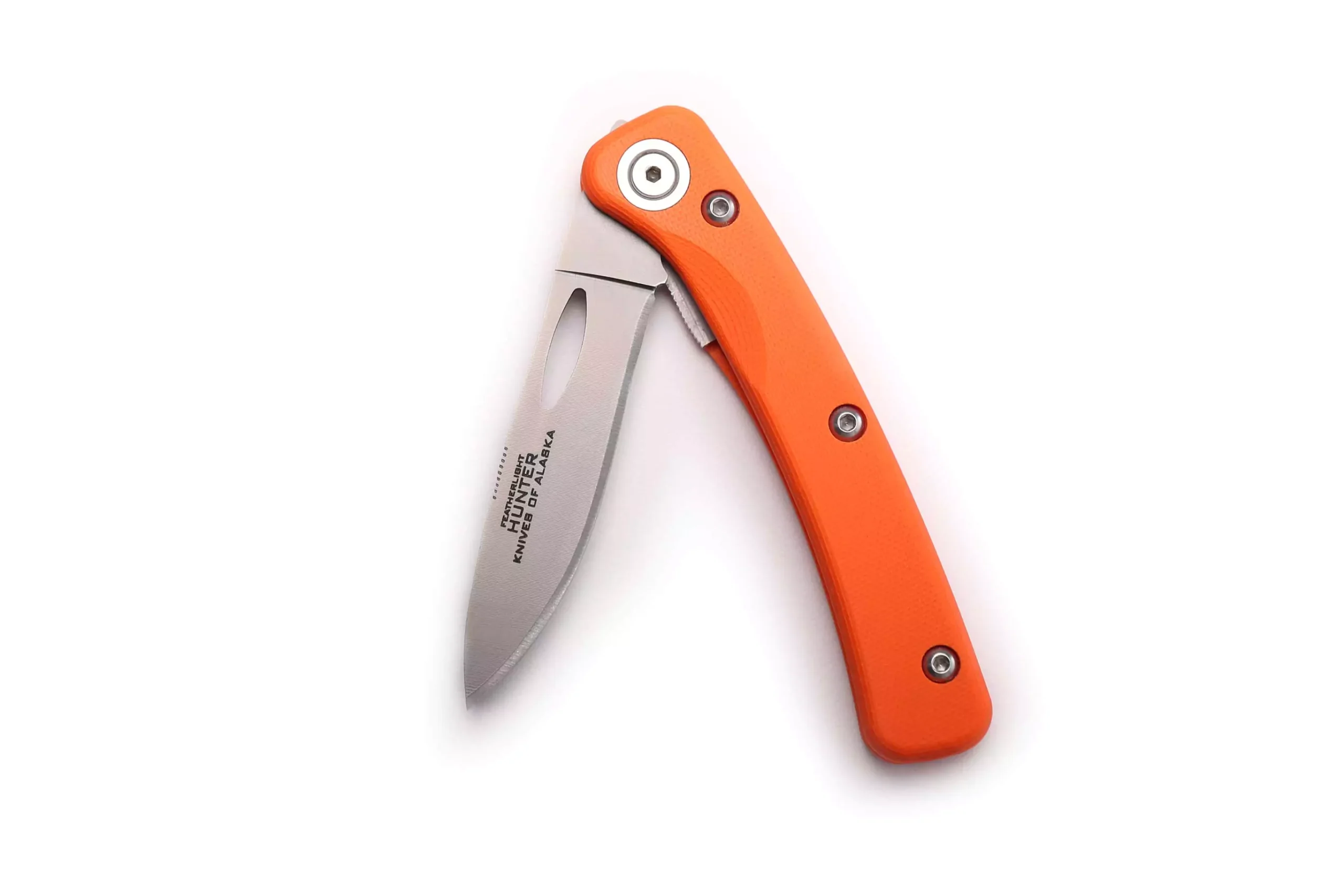 Featherlight Hunter folding knife with orange G10 handle and partially open D2 tool steel blade
