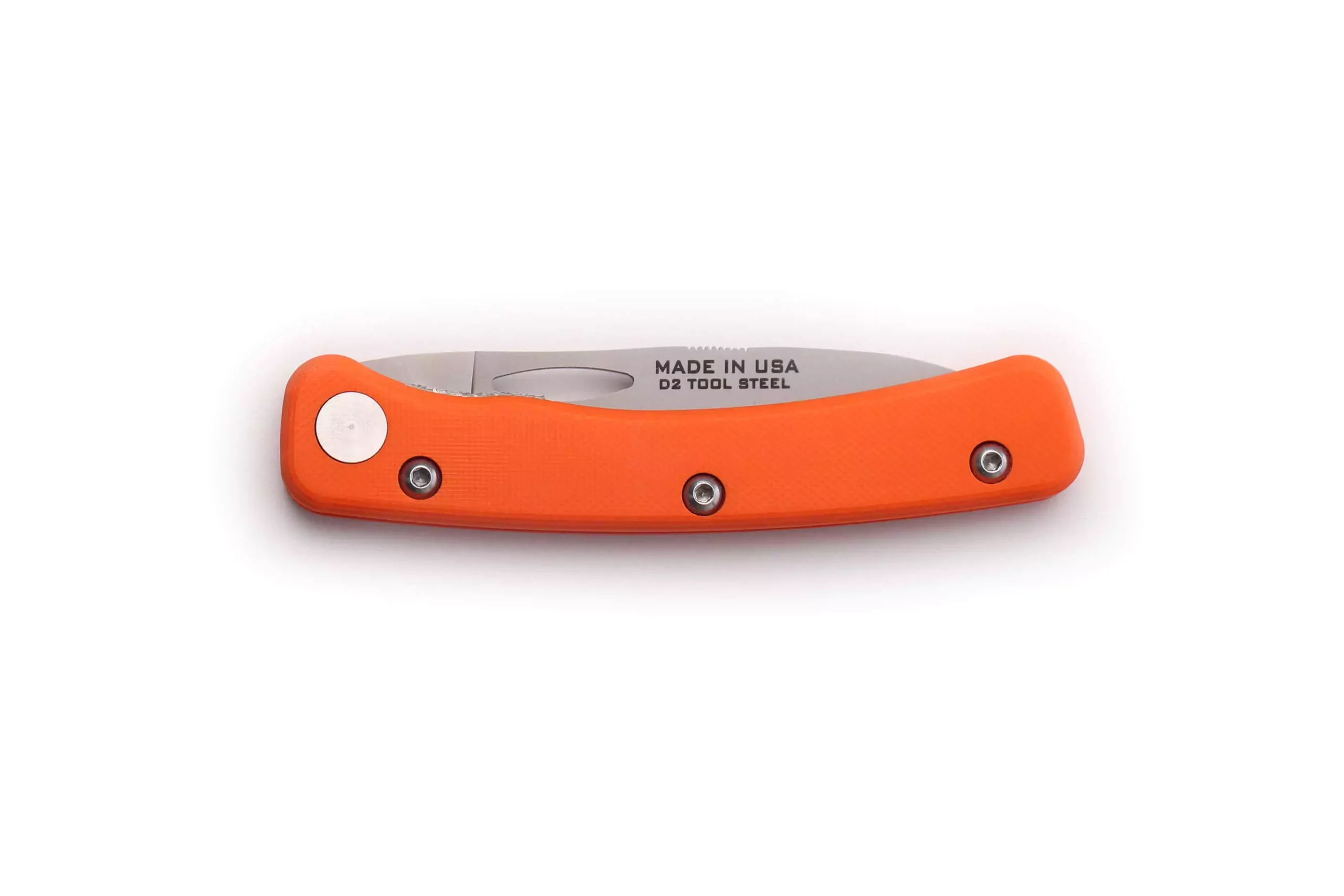 Featherlight Hunter folding knife with orange G10 handle, closed, D2 tool steel blade