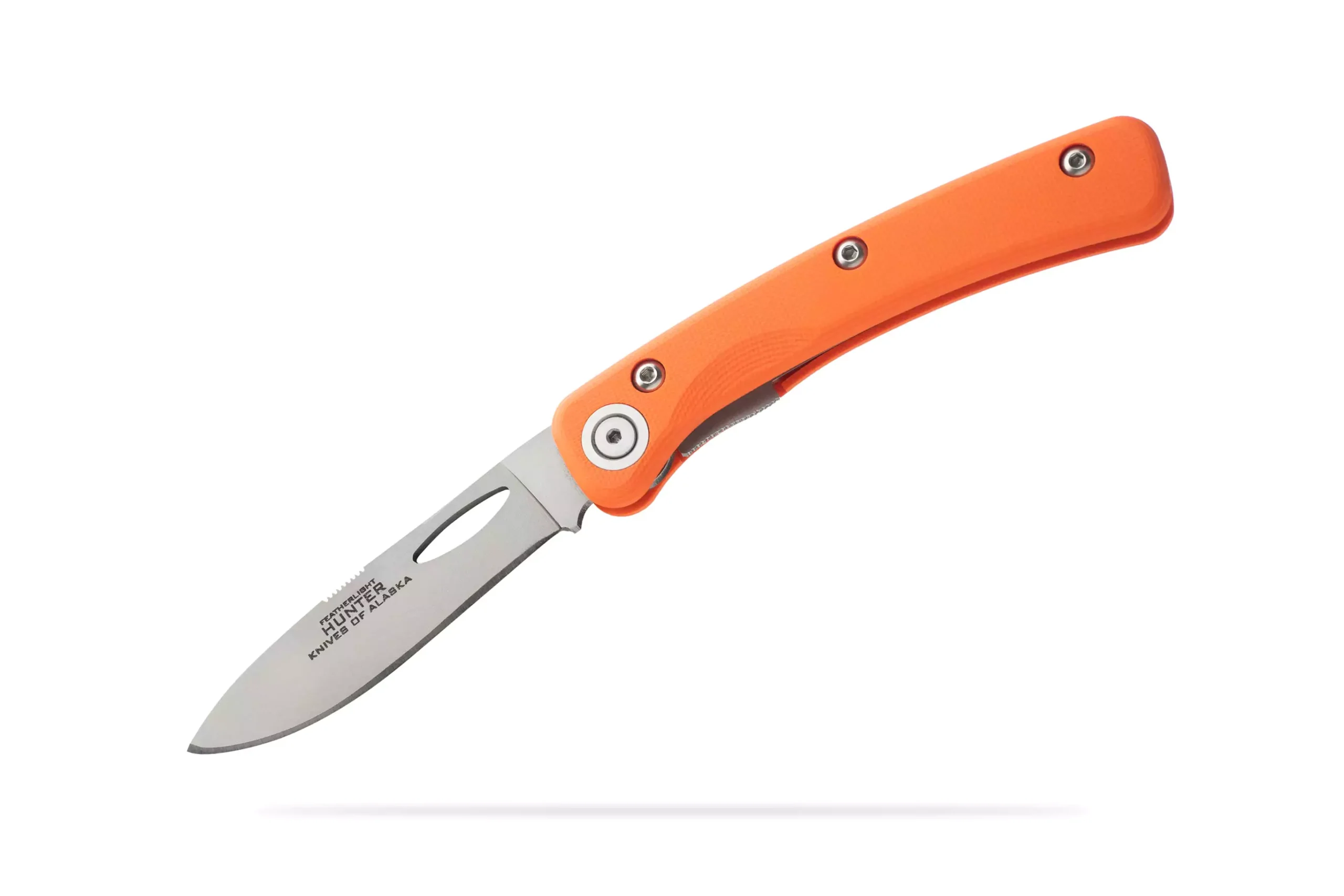 Featherlight Hunter knife with orange G10 handle, D2 steel blade, clipless design