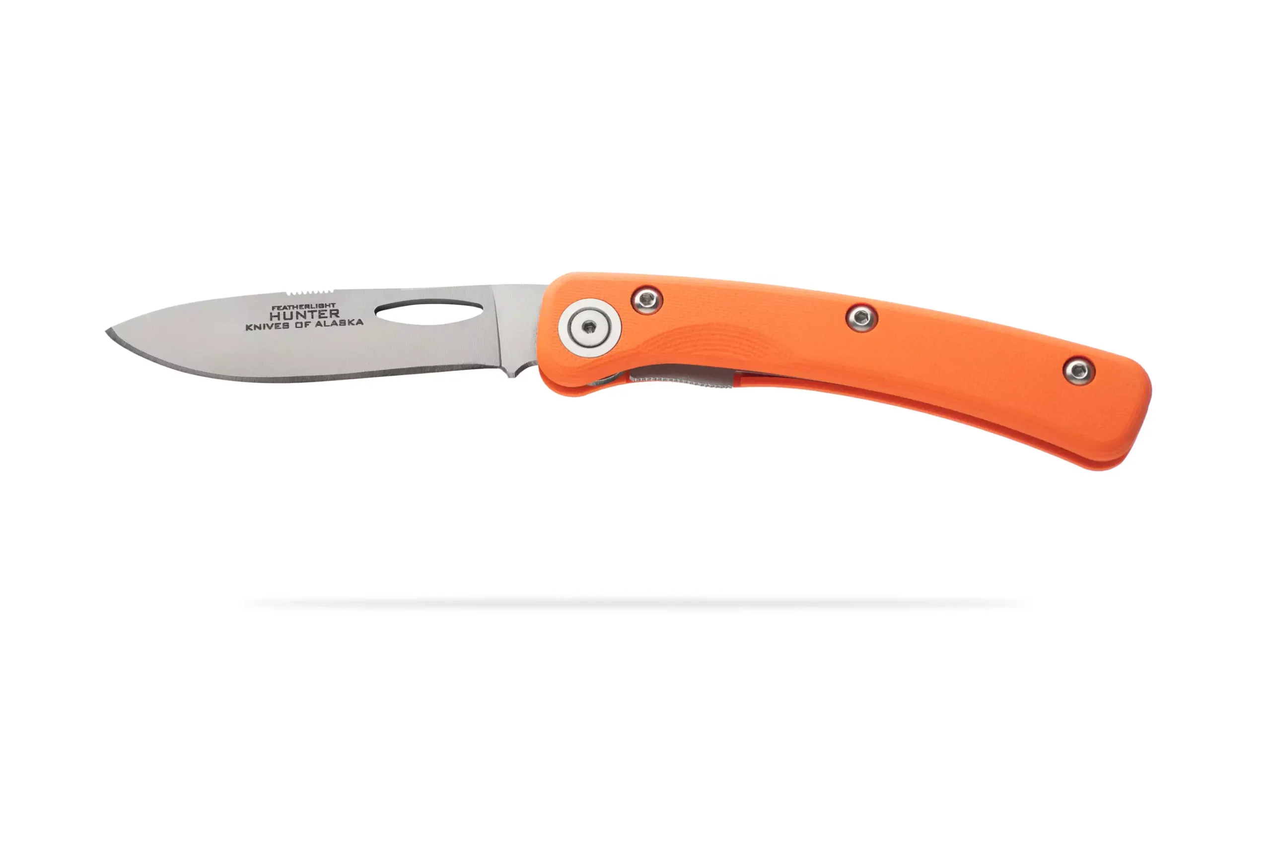 Featherlight Hunter knife with orange G10 handle and open Wharncliffe blade, side profile