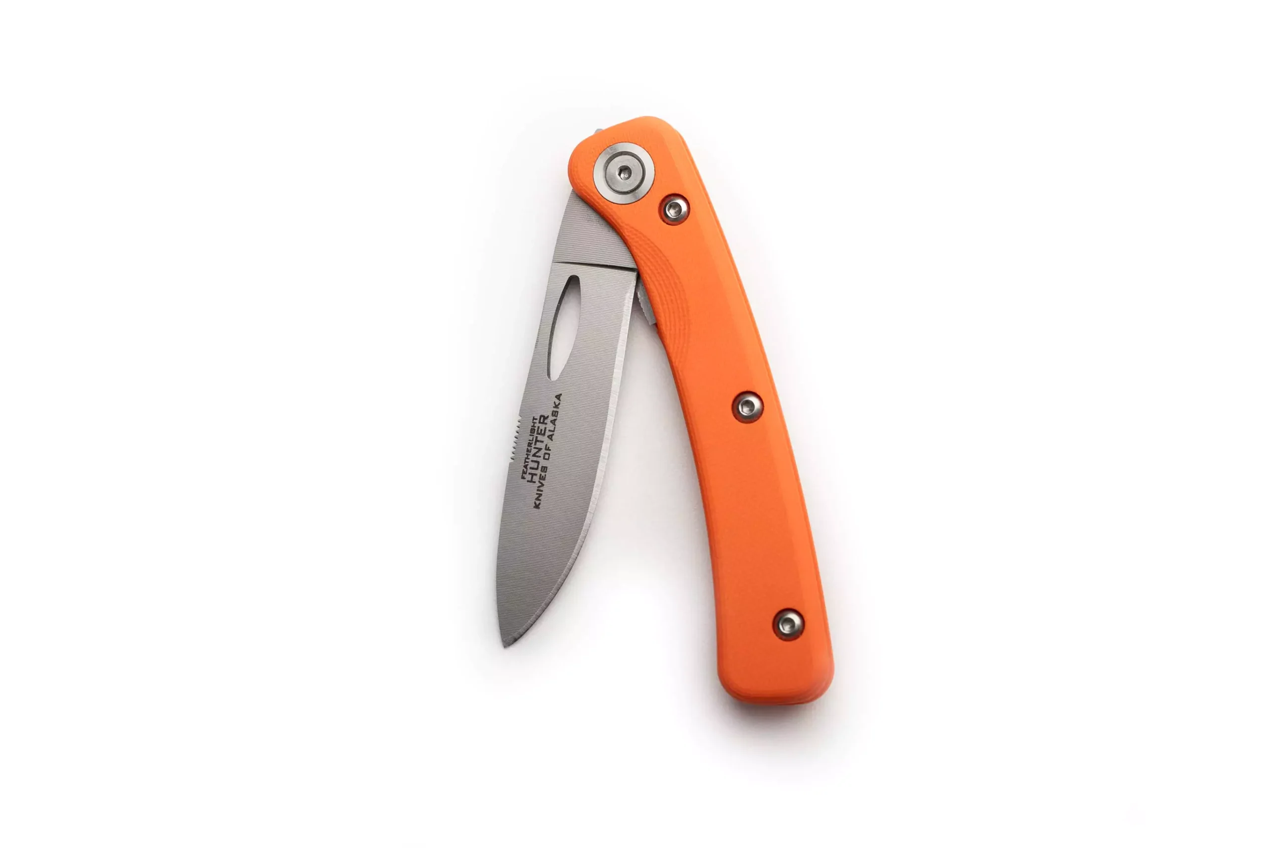 Featherlight Hunter folding knife with orange G10 handle and Wharncliffe blade partially open