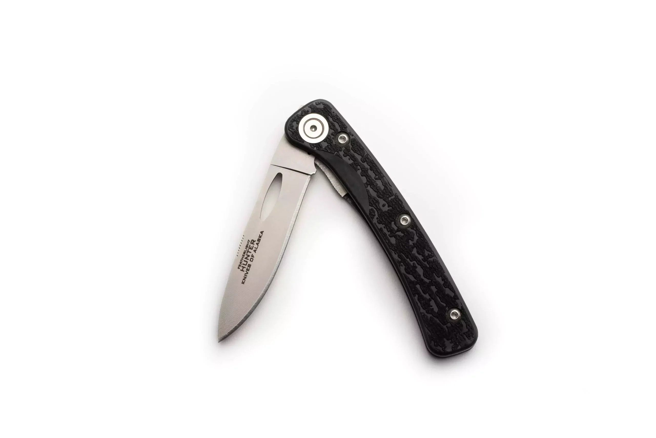 Featherlight Hunter folding knife partially opened with Suregrip handle and Wharncliffe blade