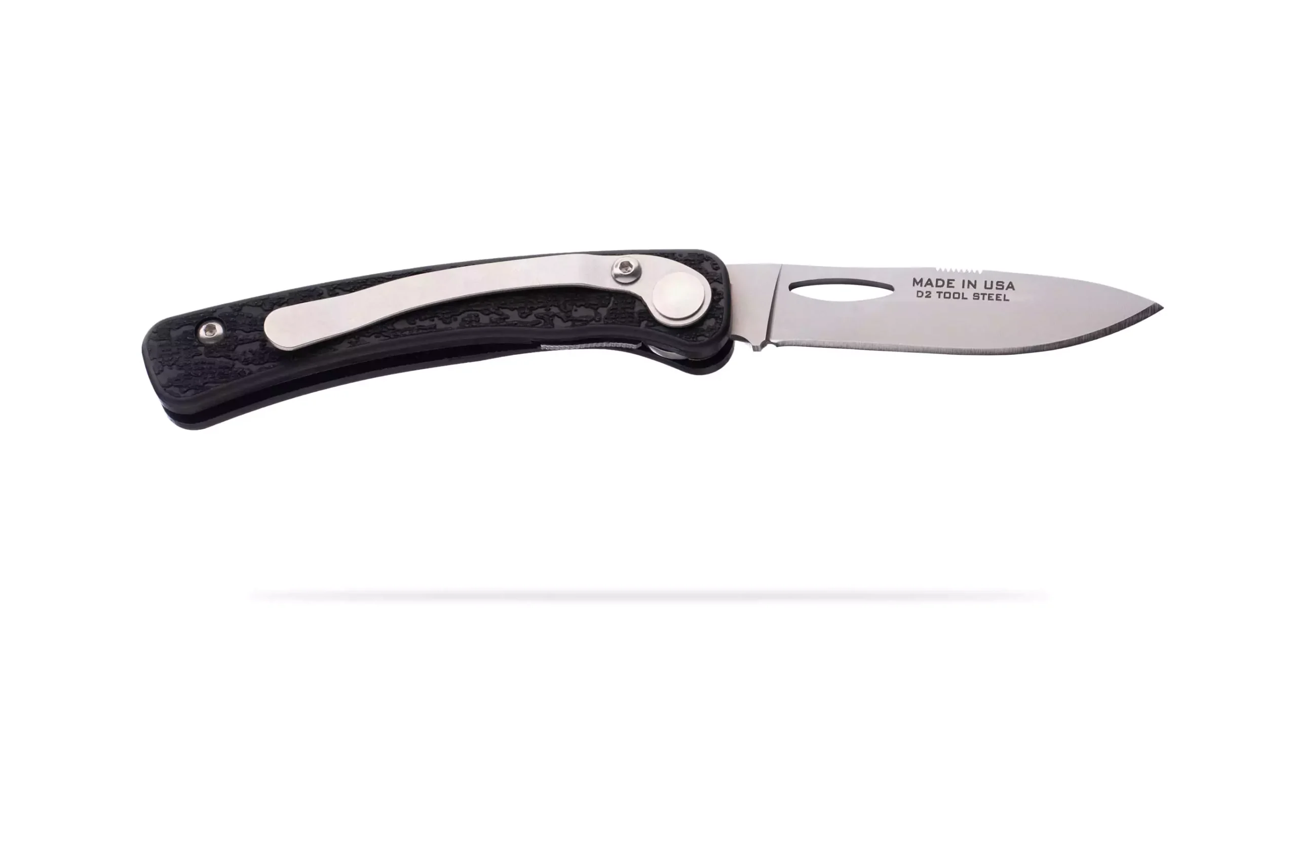 Featherlight Hunter folding knife backside with pocket clip and D2 tool steel blade