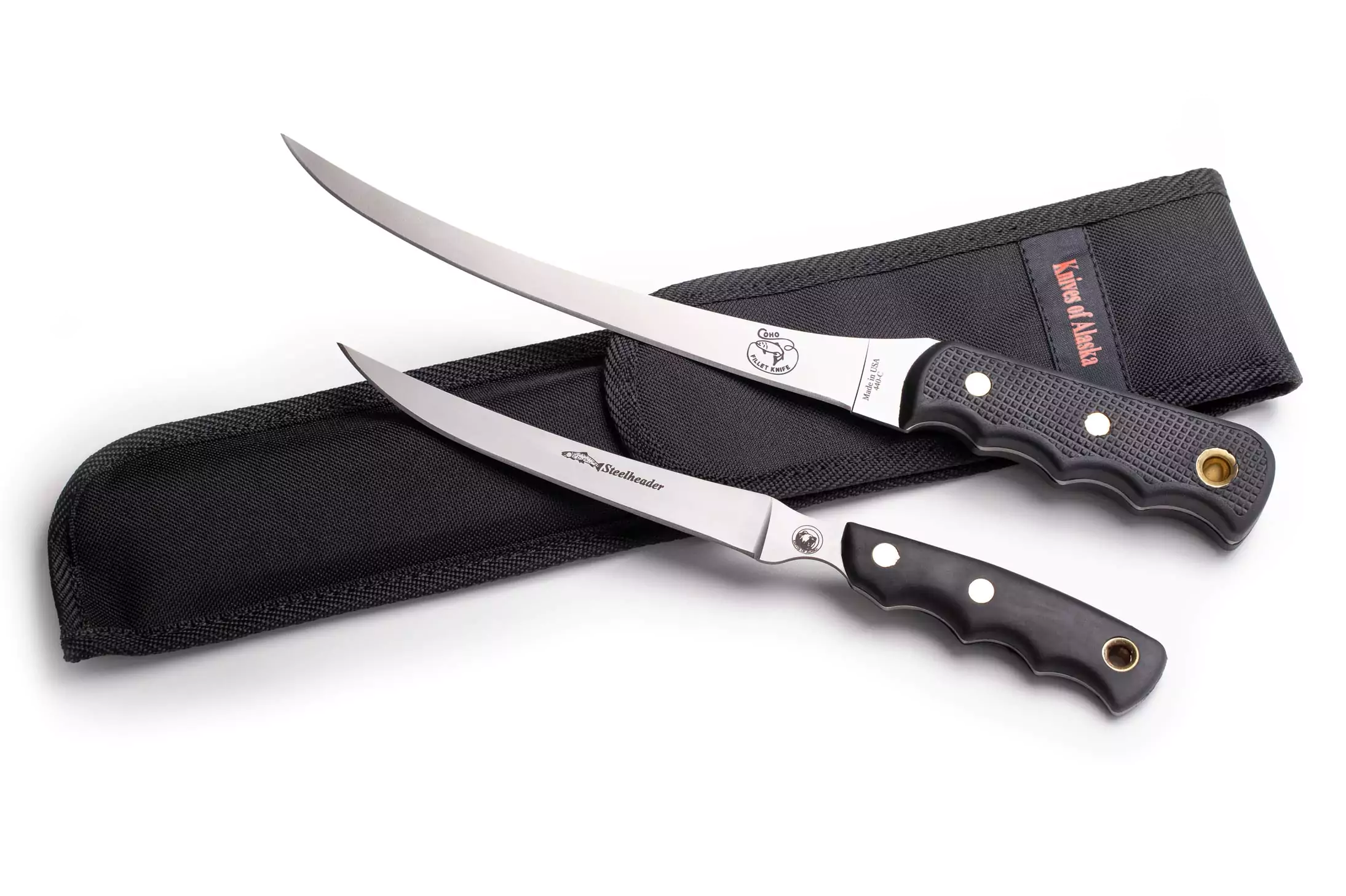 Fisherman's Combo with Coho and Steelheader knives in Kydex-lined Cordura nylon sheath